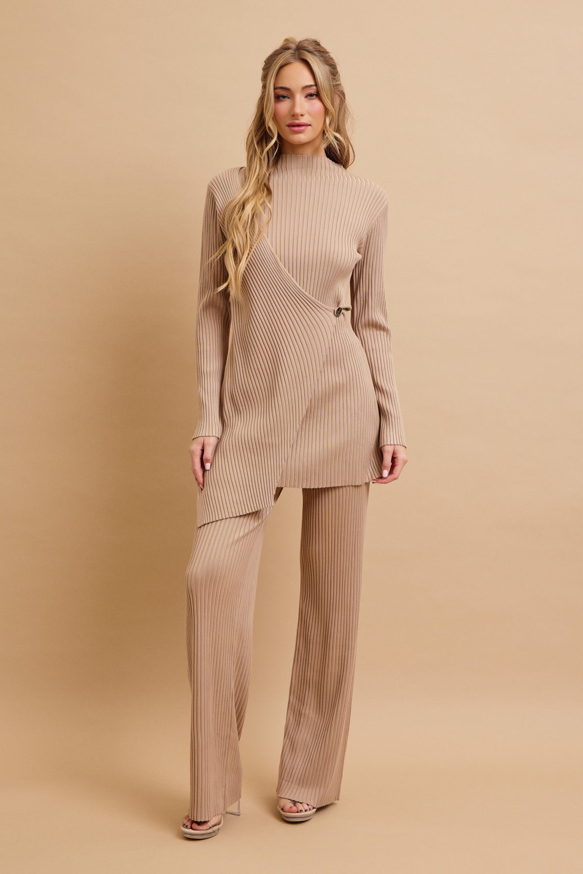 Cozy Chic Rib Knit High-neck Asymmetric Hem Top and Pants Set