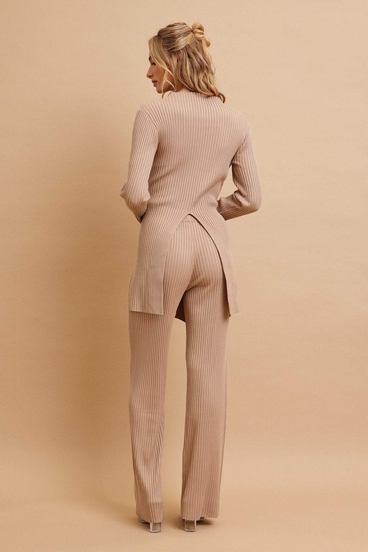 Cozy Chic Rib Knit High-neck Asymmetric Hem Top and Pants Set