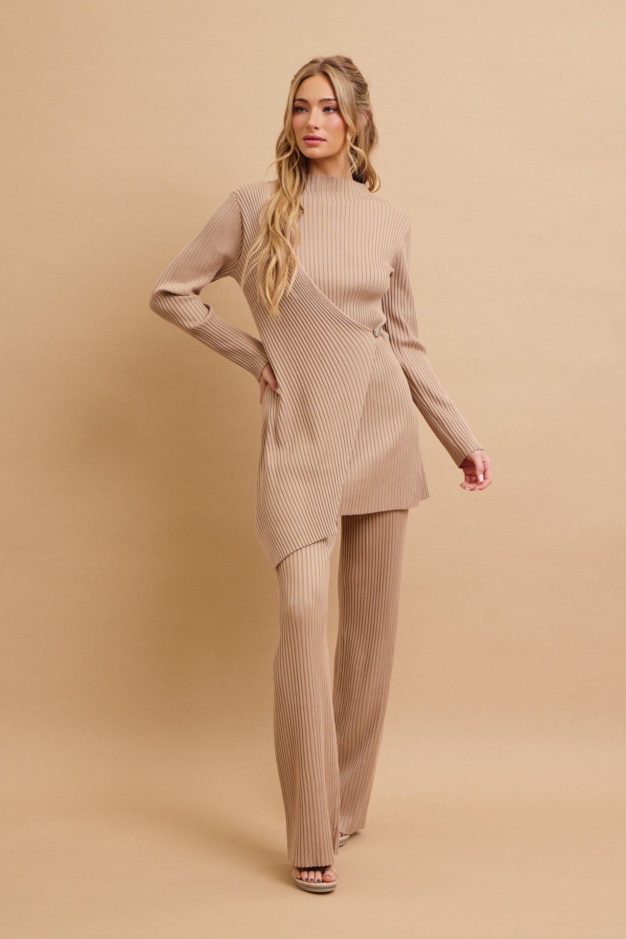 Cozy Chic Rib Knit High-neck Asymmetric Hem Top and Pants Set