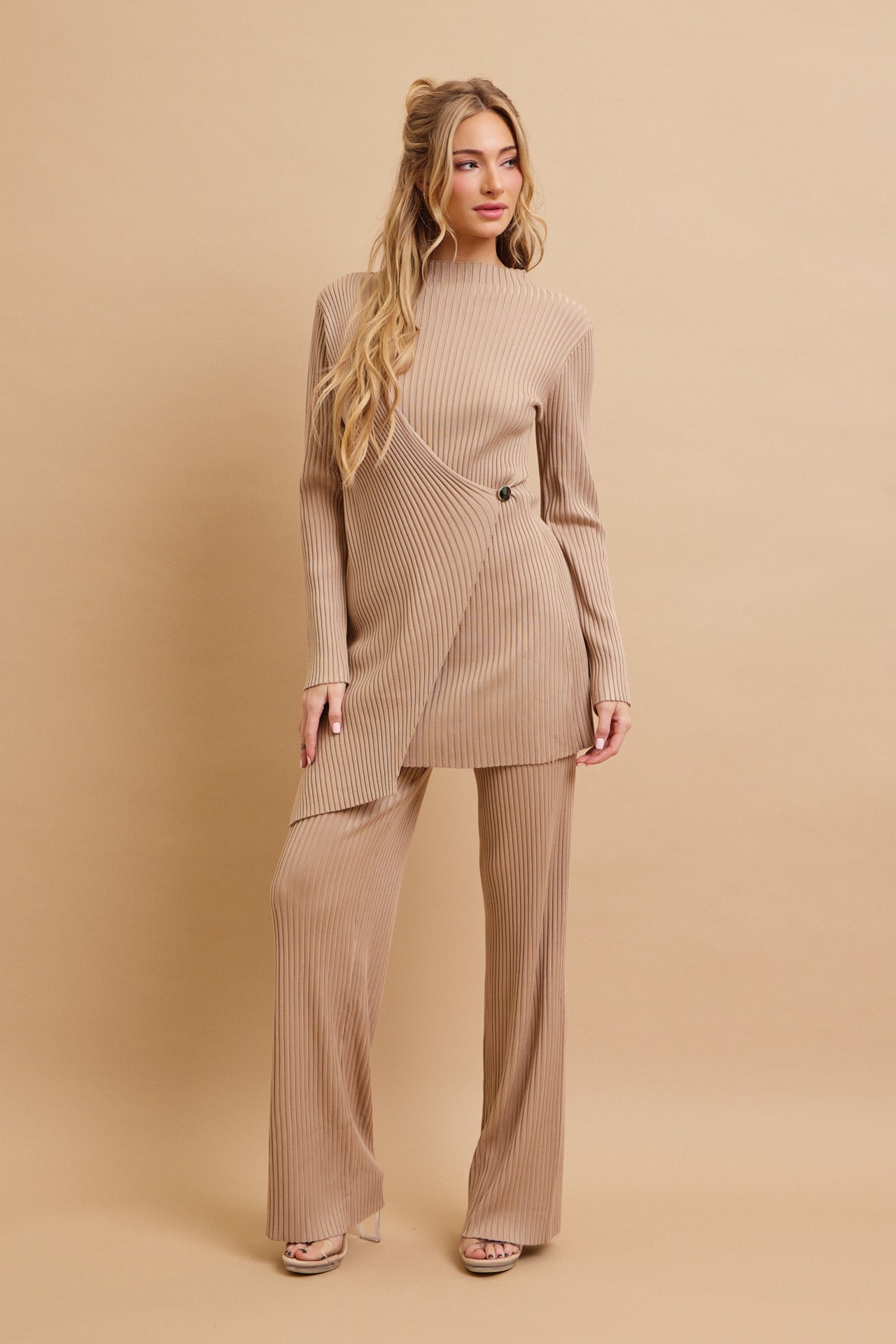 Cozy Chic Rib Knit High-neck Asymmetric Hem Top and Pants Set