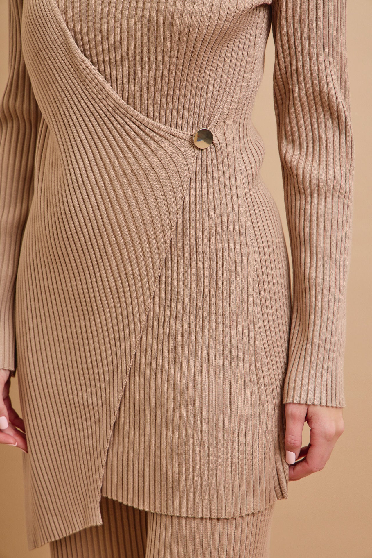 Cozy Chic Rib Knit High-neck Asymmetric Hem Top and Pants Set