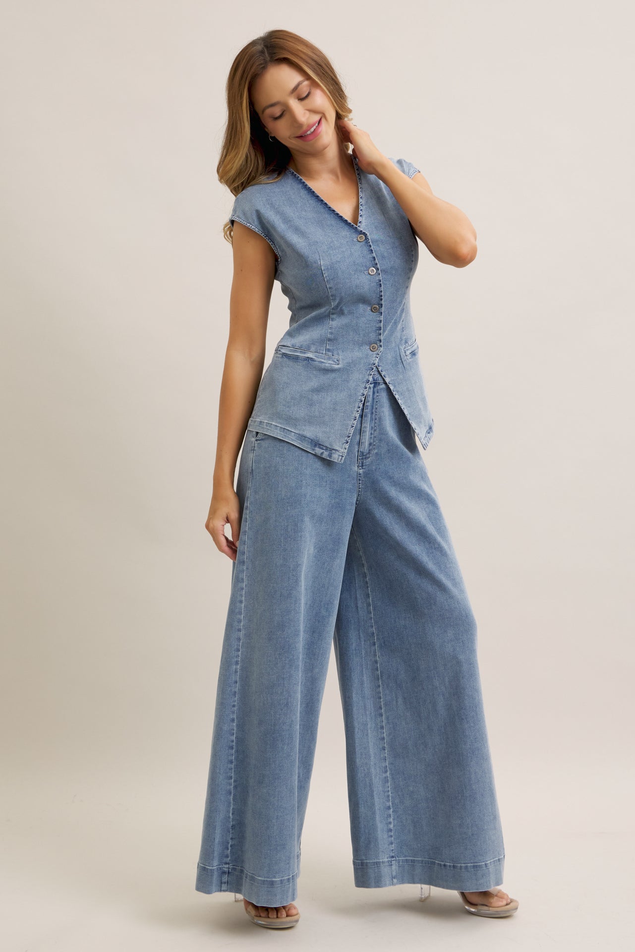 The Denim Ease Woven Long Vest & Wide Leg Pants Duo