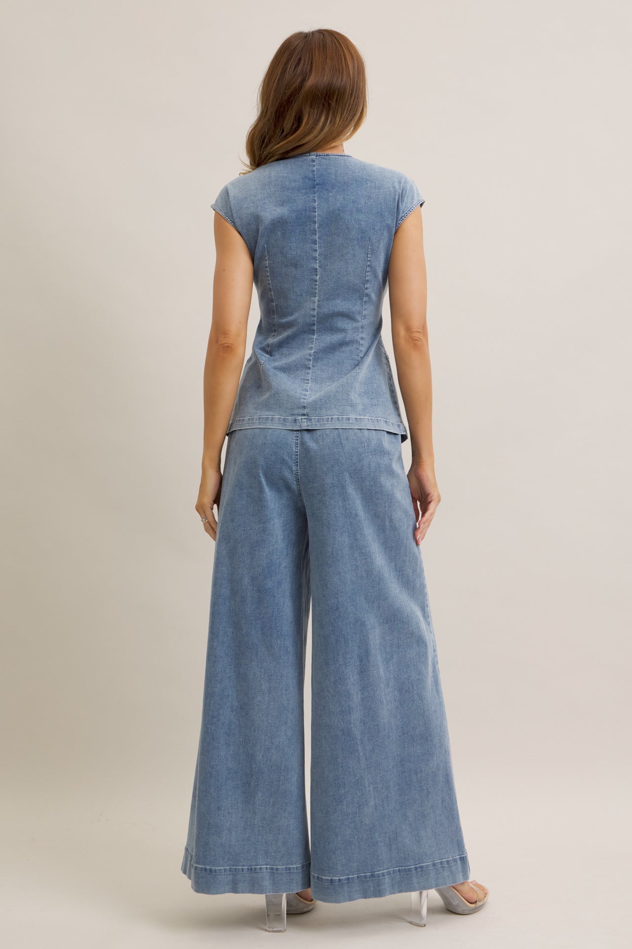 The Denim Ease Woven Long Vest & Wide Leg Pants Duo