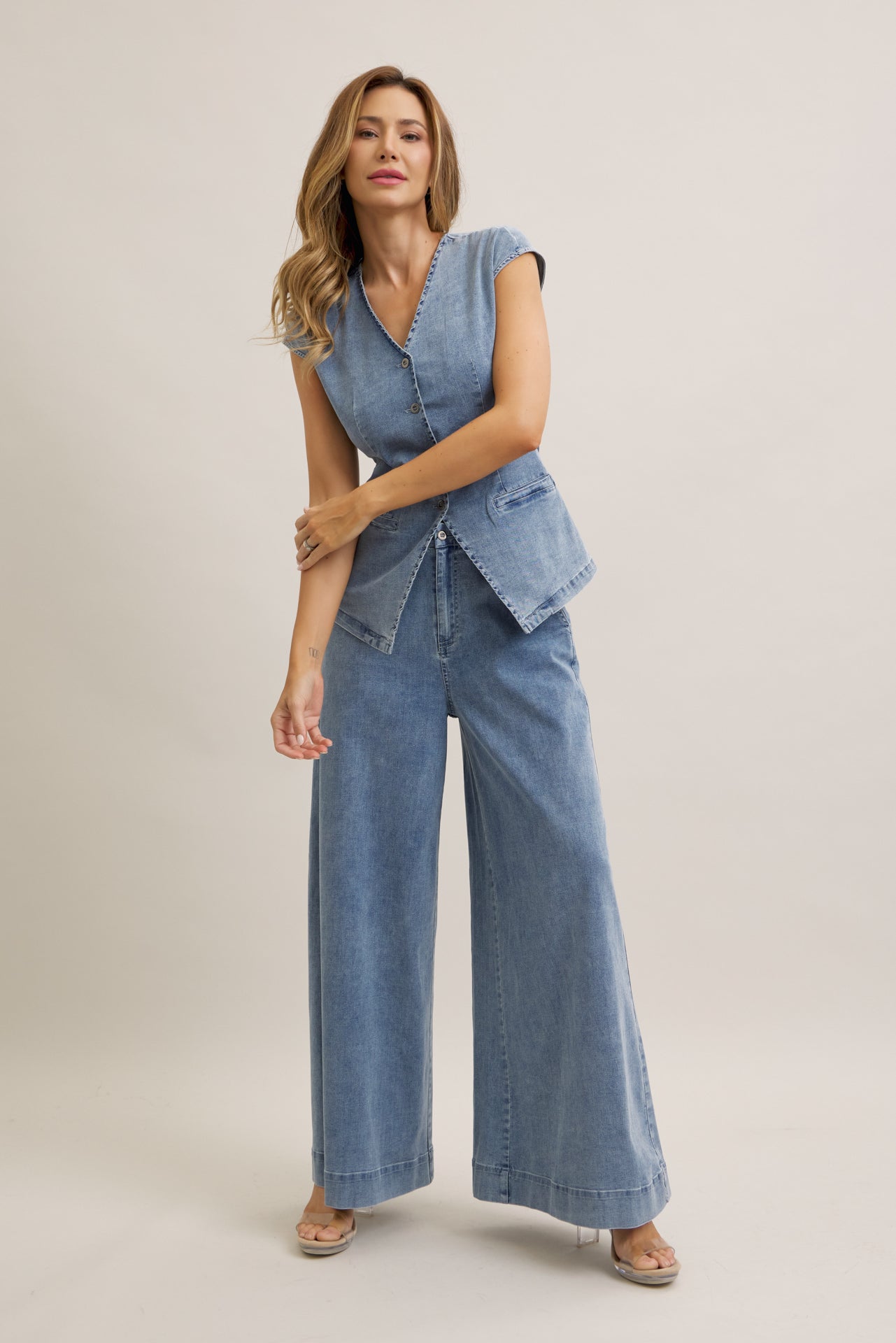 The Denim Ease Woven Long Vest & Wide Leg Pants Duo