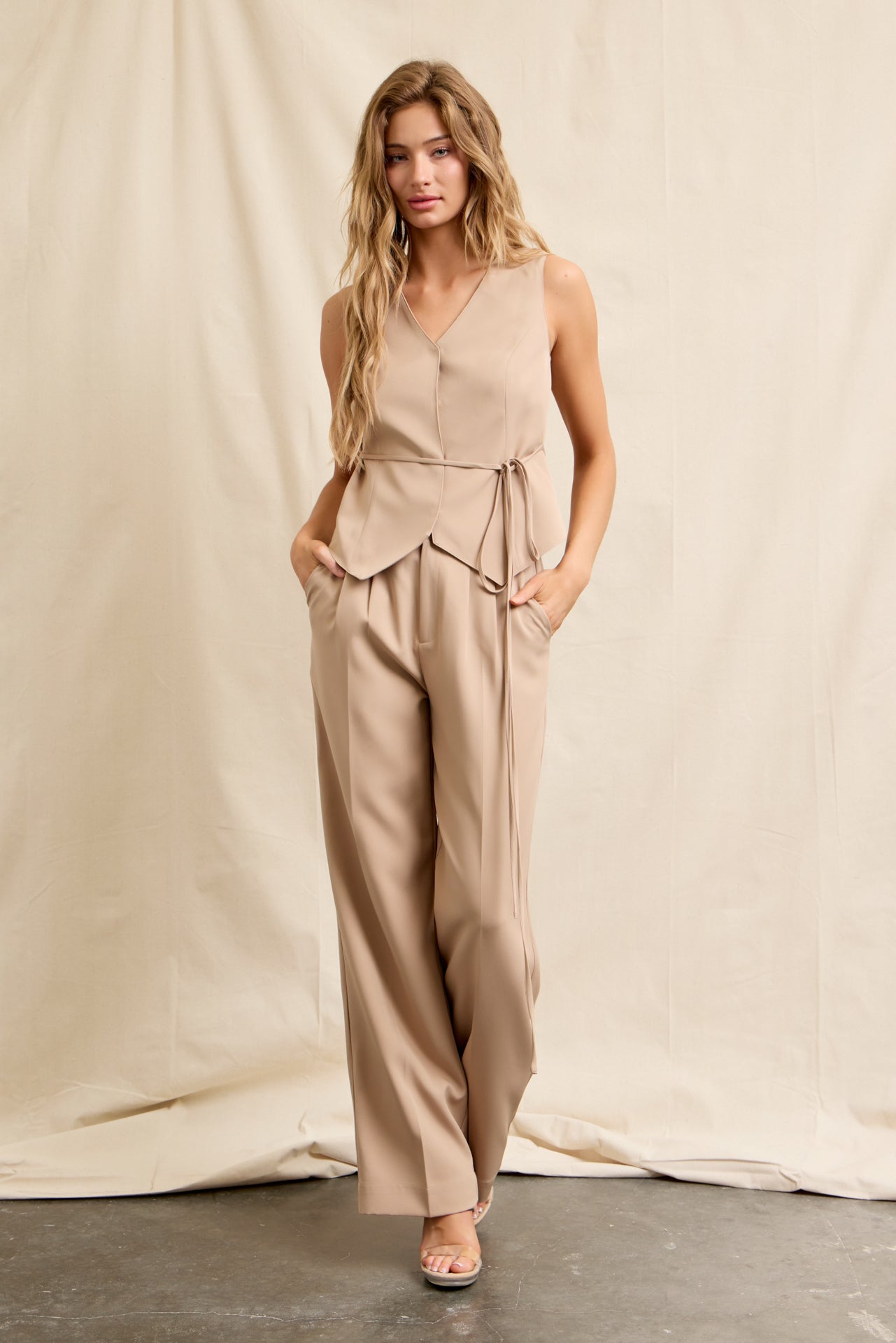 Zephyra Woven Vest With Waist Tie & Pants Set
