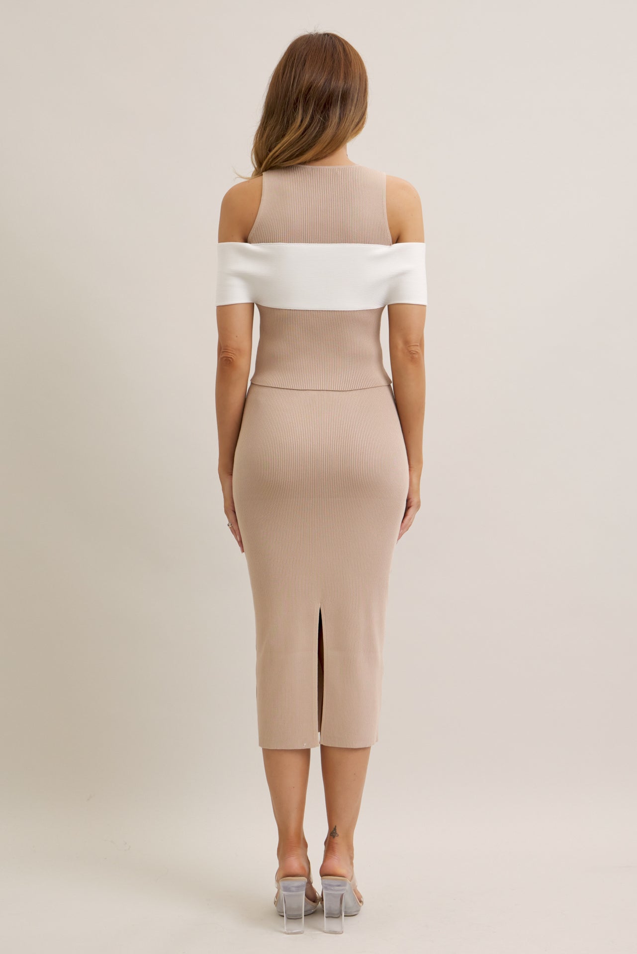 Tied in Style Cold Shoulder Contrast Top And Skirt Set