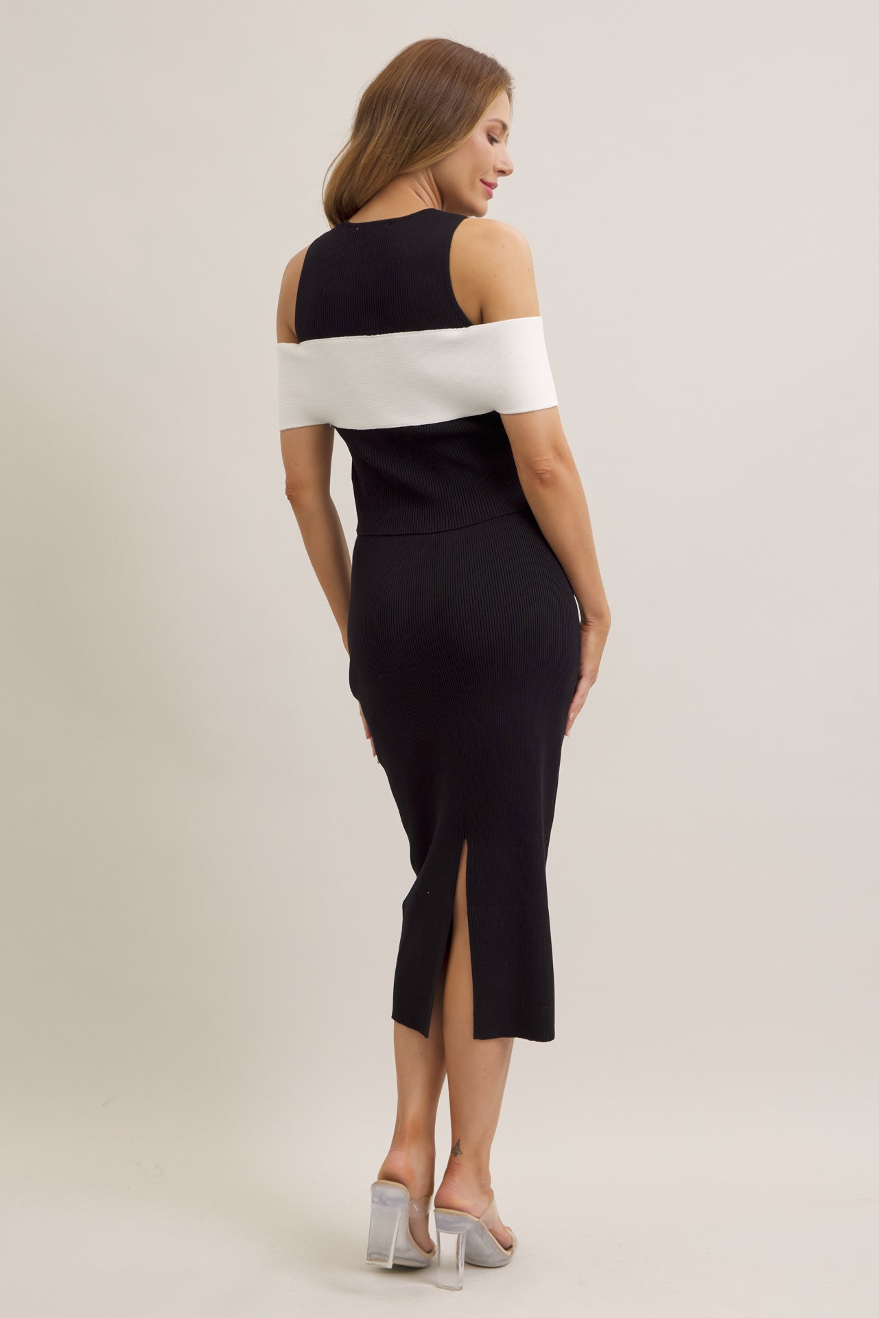 Tied in Style Cold Shoulder Contrast Top And Skirt Set
