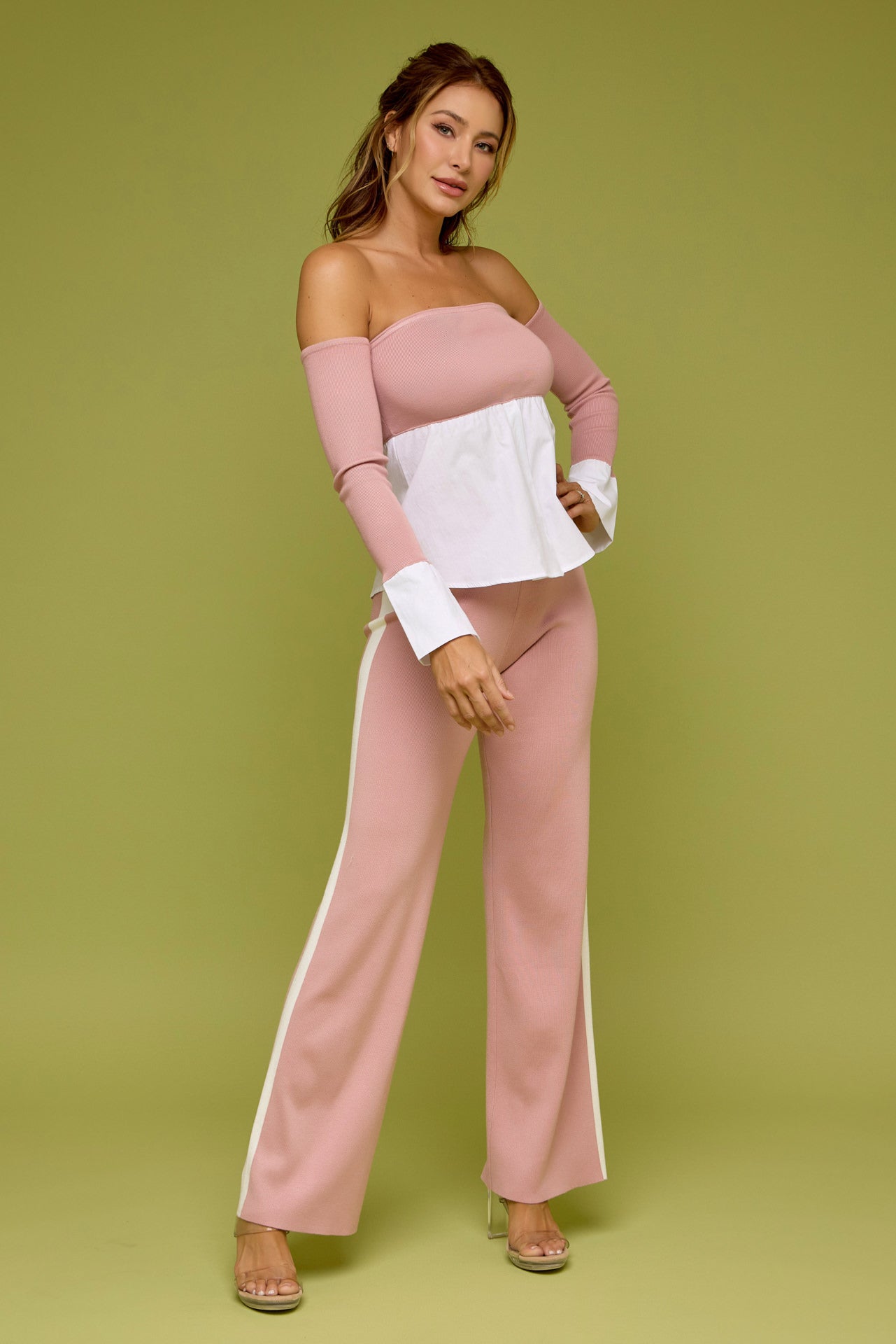 Peek-A-Shoulder Knit Top With Pants Set