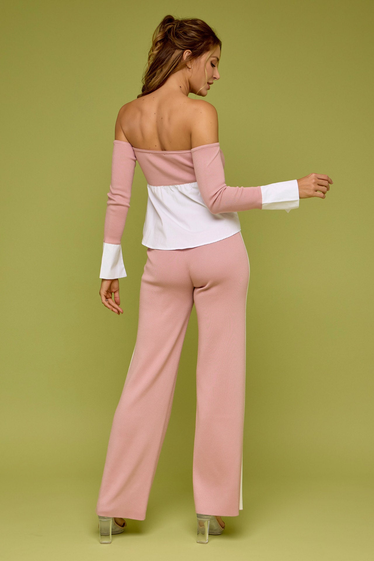 Peek-A-Shoulder Knit Top With Pants Set