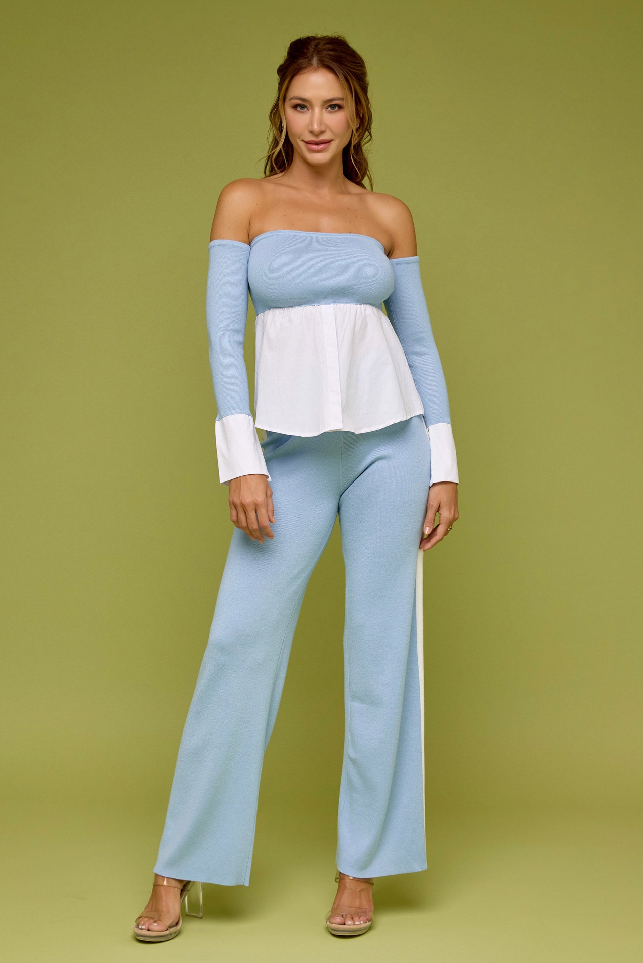 Peek-A-Shoulder Knit Top With Pants Set