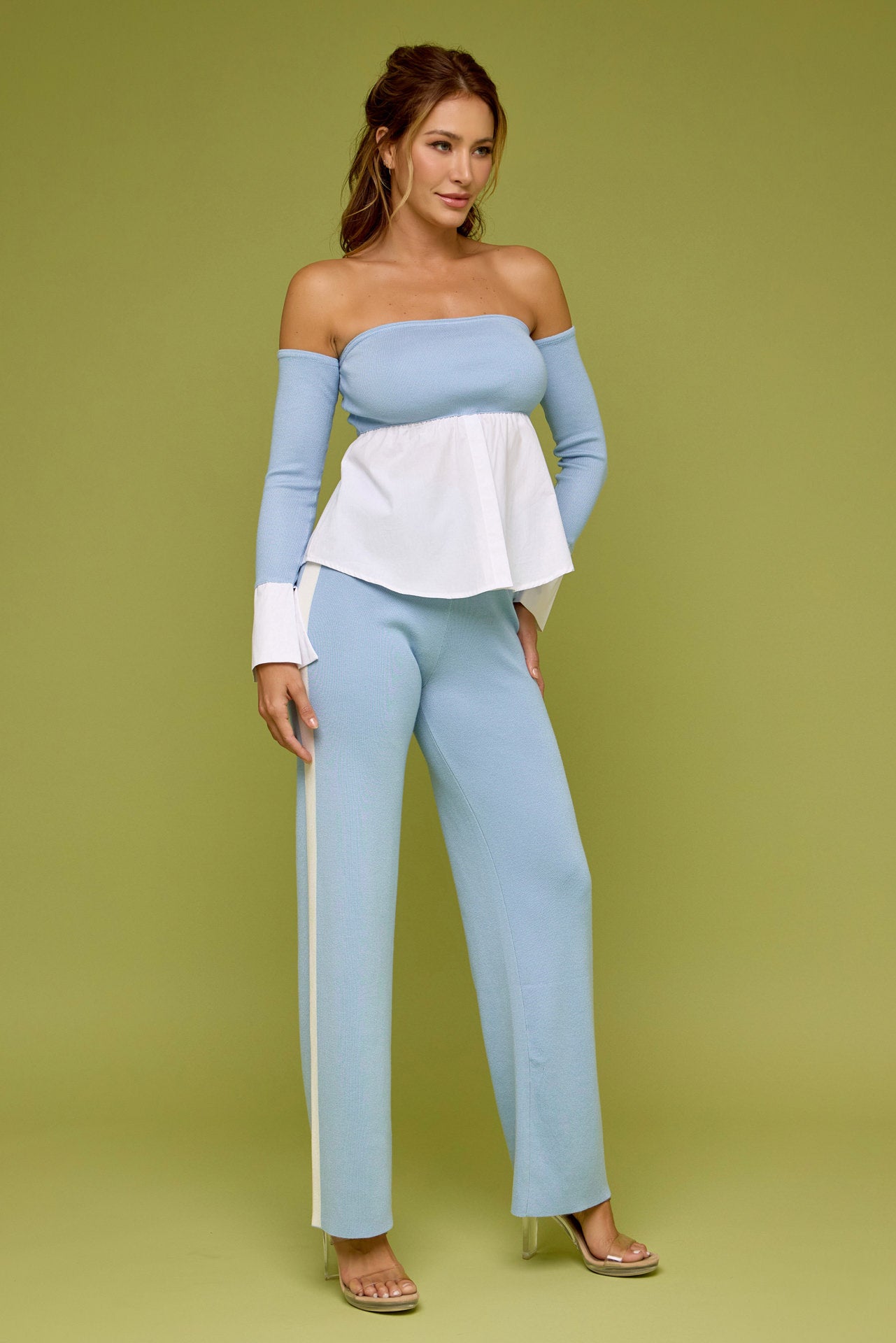 Peek-A-Shoulder Knit Top With Pants Set