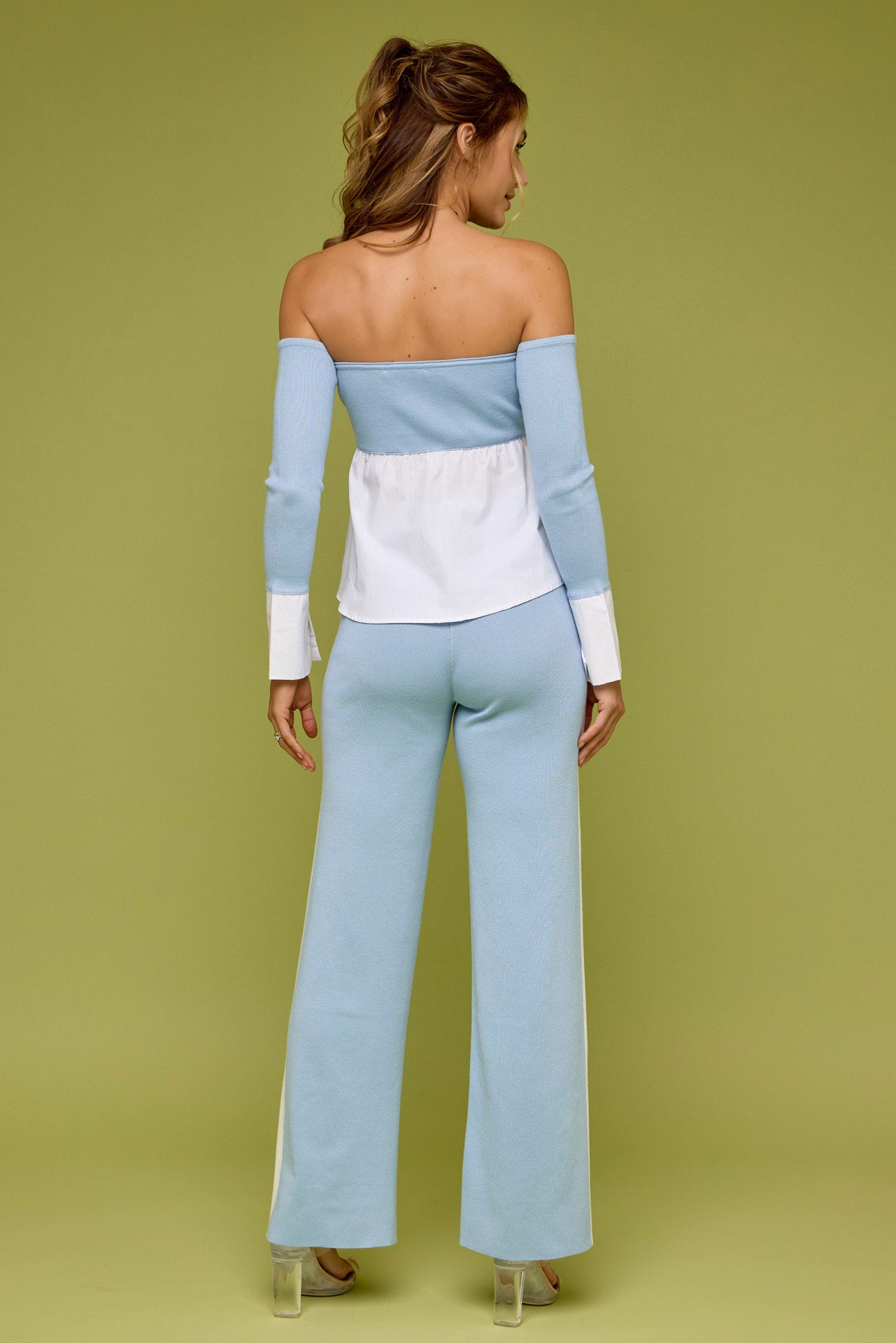 Peek-A-Shoulder Knit Top With Pants Set