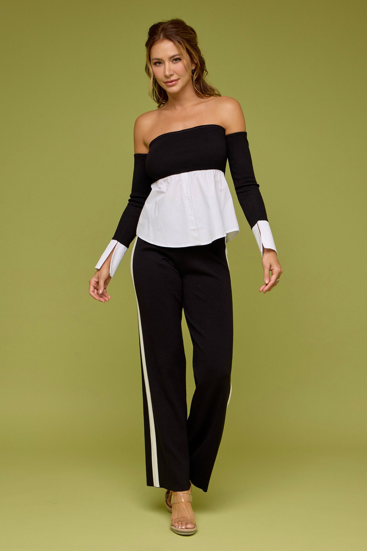 Peek-A-Shoulder Knit Top With Pants Set