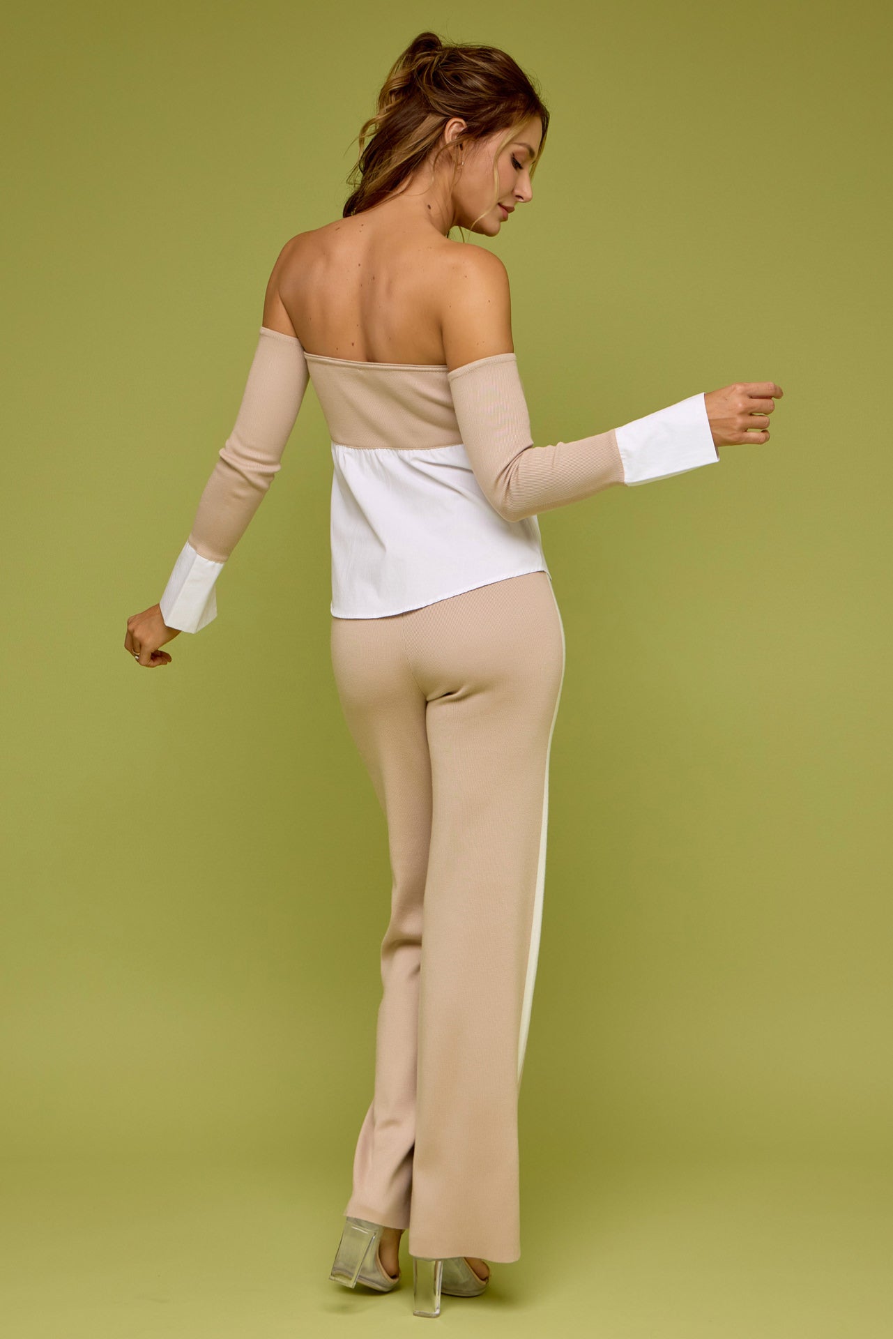 Peek-A-Shoulder Knit Top With Pants Set