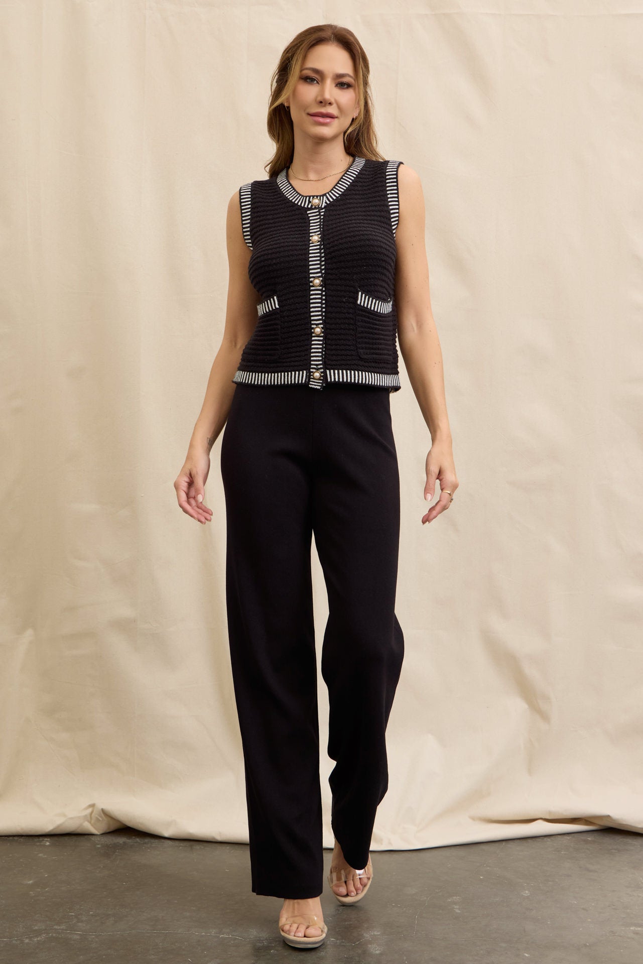 Buttoned Down Knit Chic Vest & Pants Set