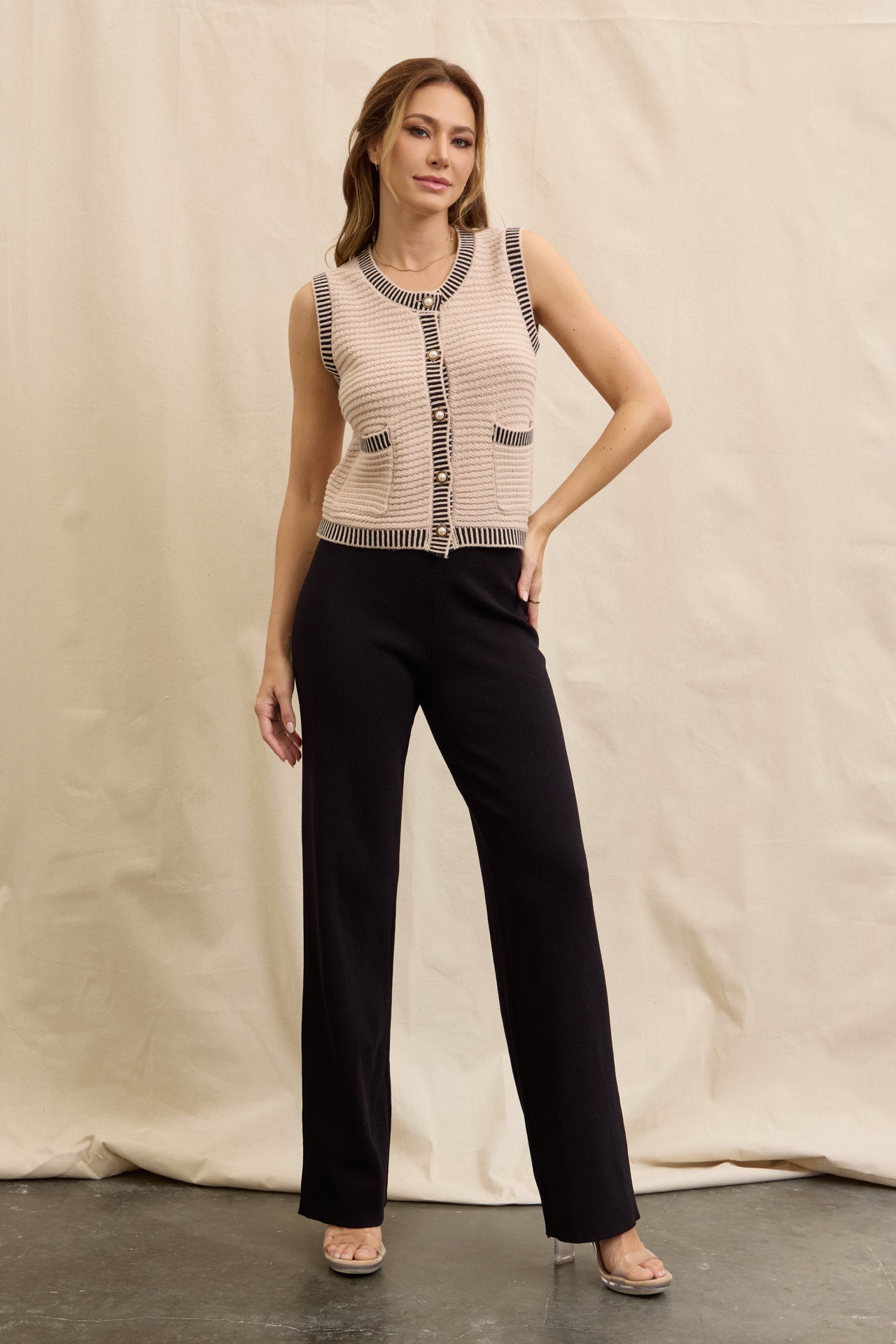Buttoned Down Knit Chic Vest & Pants Set