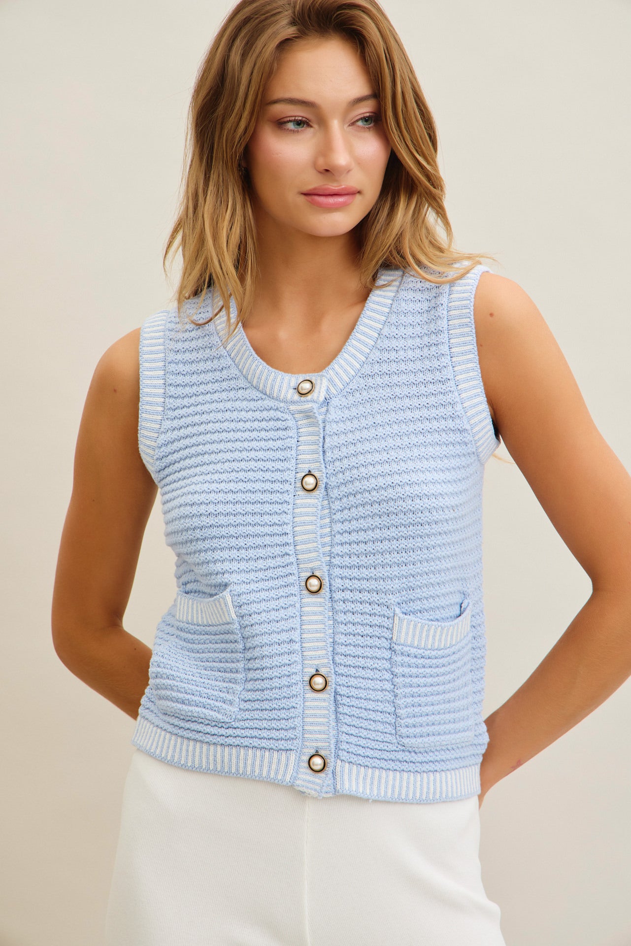Buttoned Down Knit Chic Vest & Pants Set
