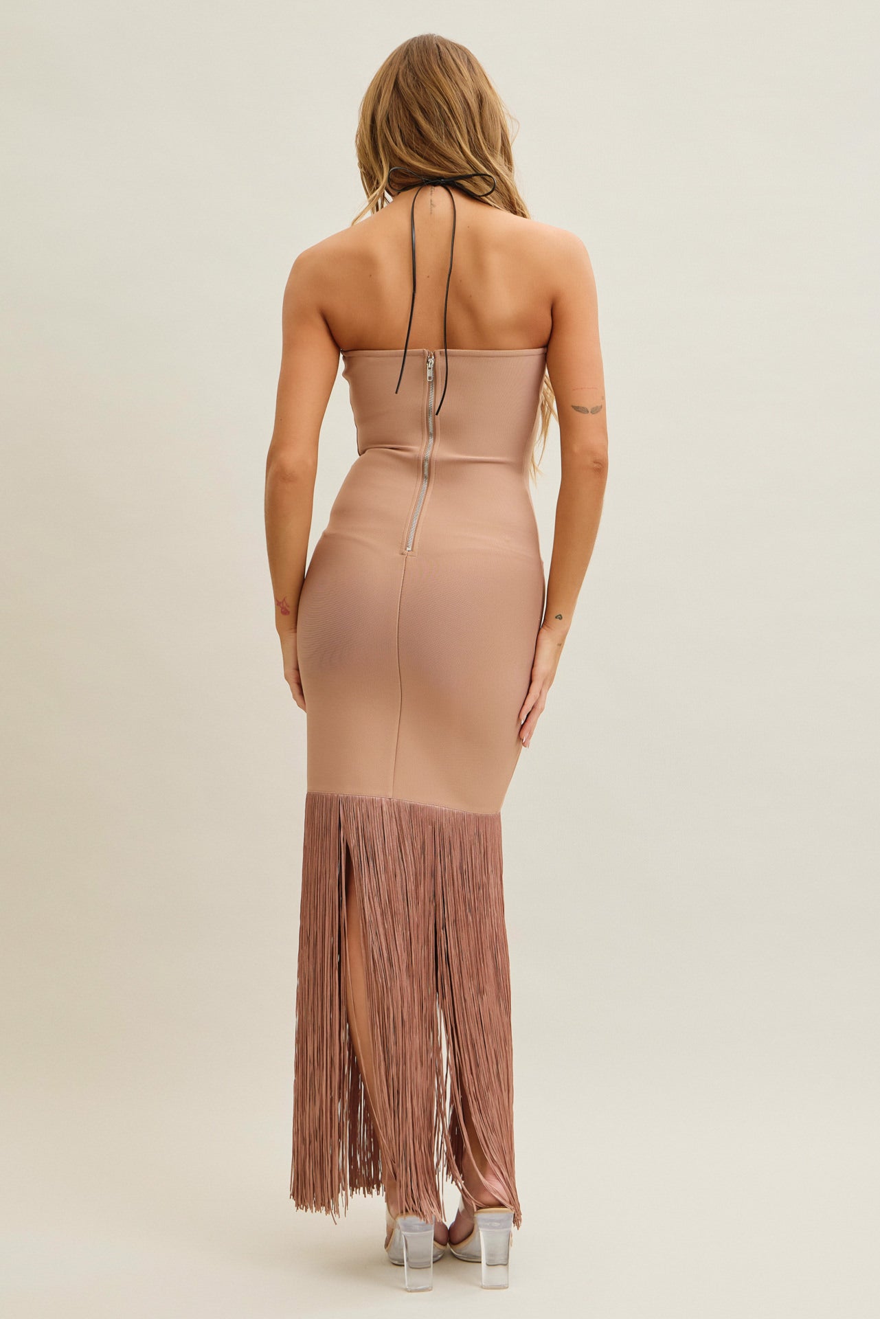 Sia Strapless Bandage Fringe Bodycon Dress