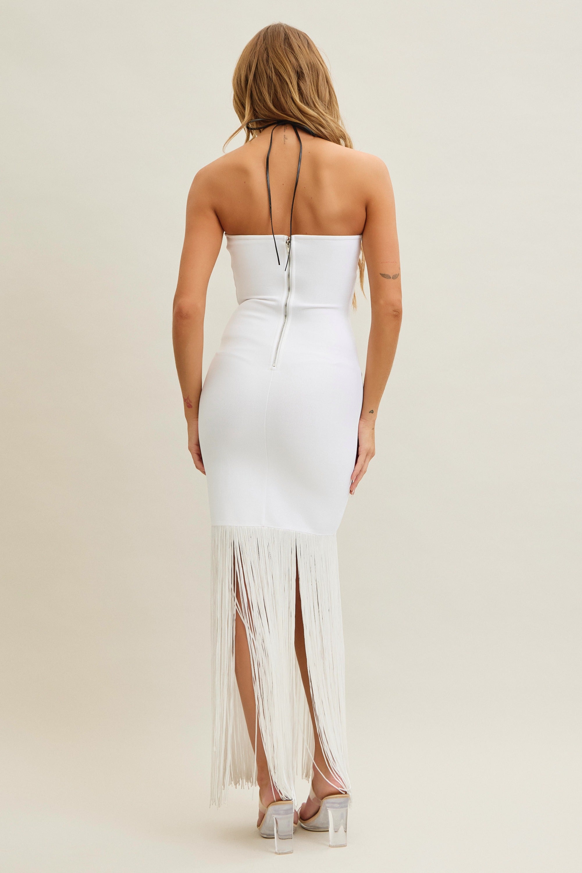 Sia Strapless Bandage Fringe Bodycon Dress