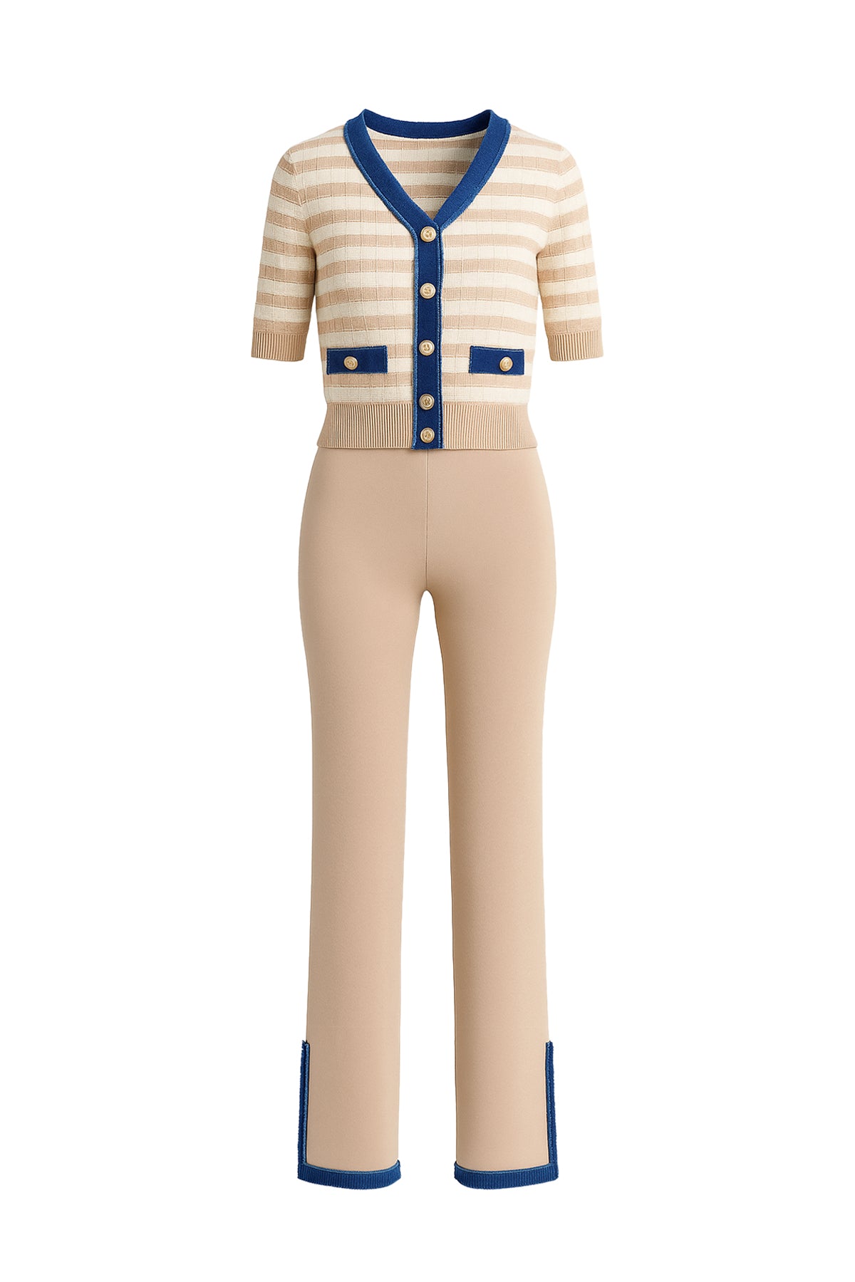 Denim Charm Striped Cardigan With Pants Set