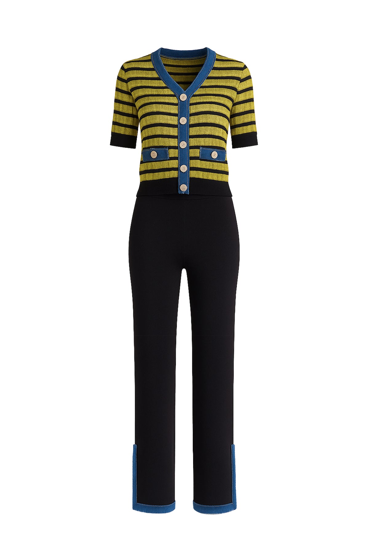 Denim Charm Striped Cardigan With Pants Set