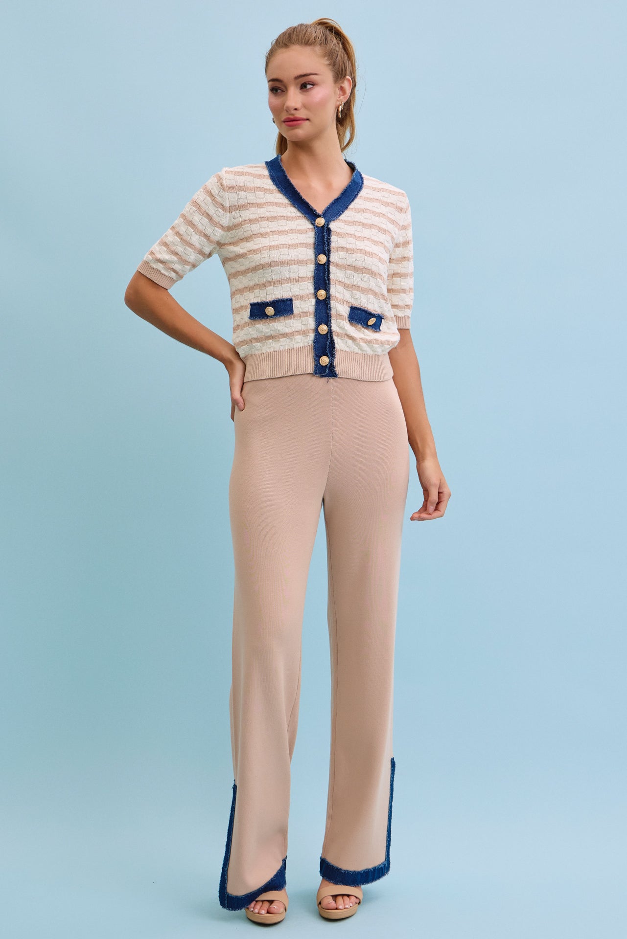 Denim Charm Striped Cardigan With Pants Set