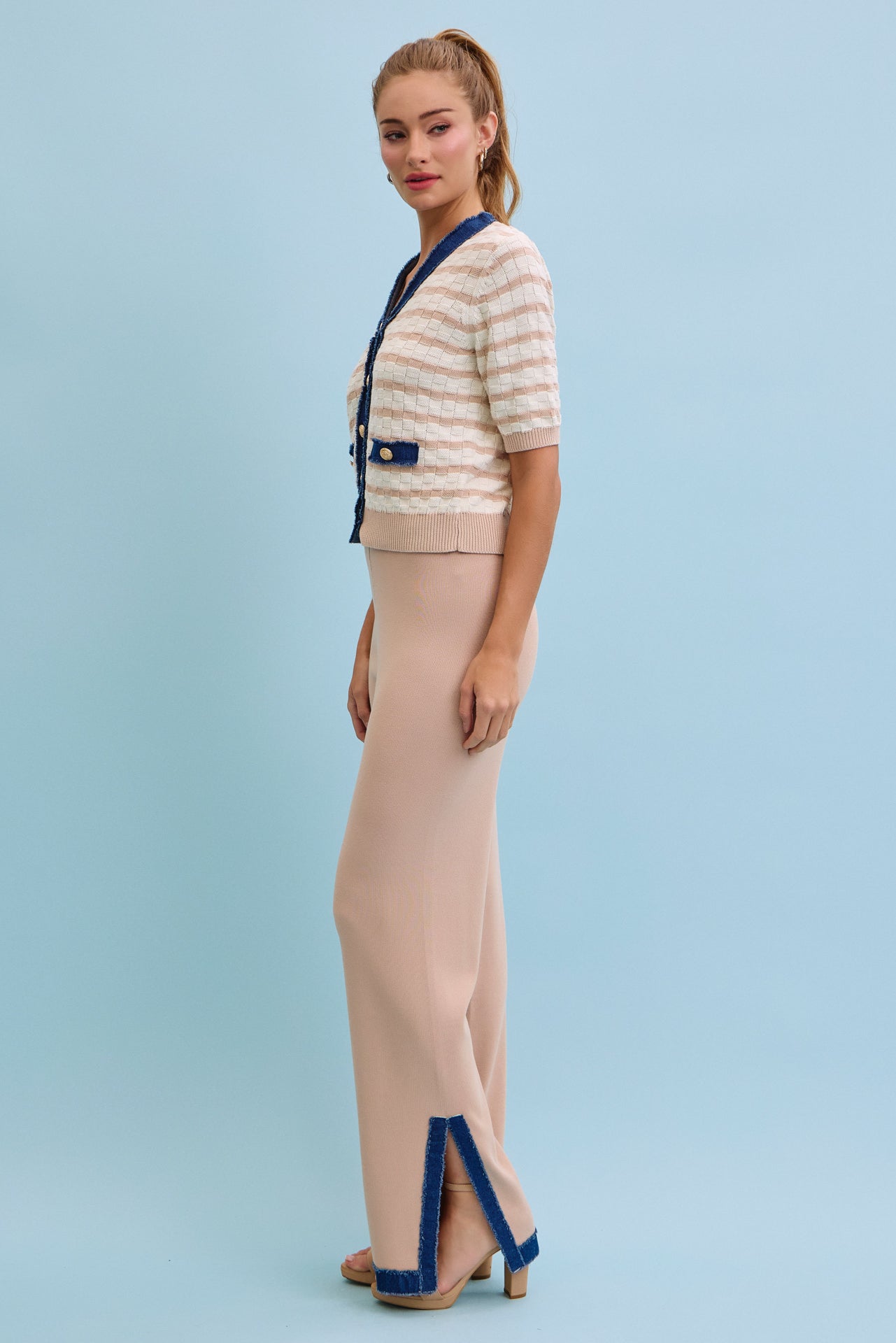 Denim Charm Striped Cardigan With Pants Set