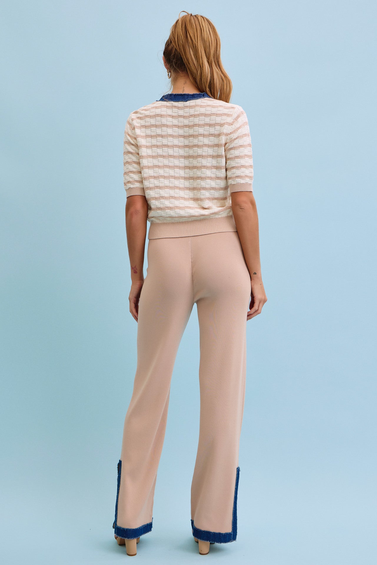Denim Charm Striped Cardigan With Pants Set