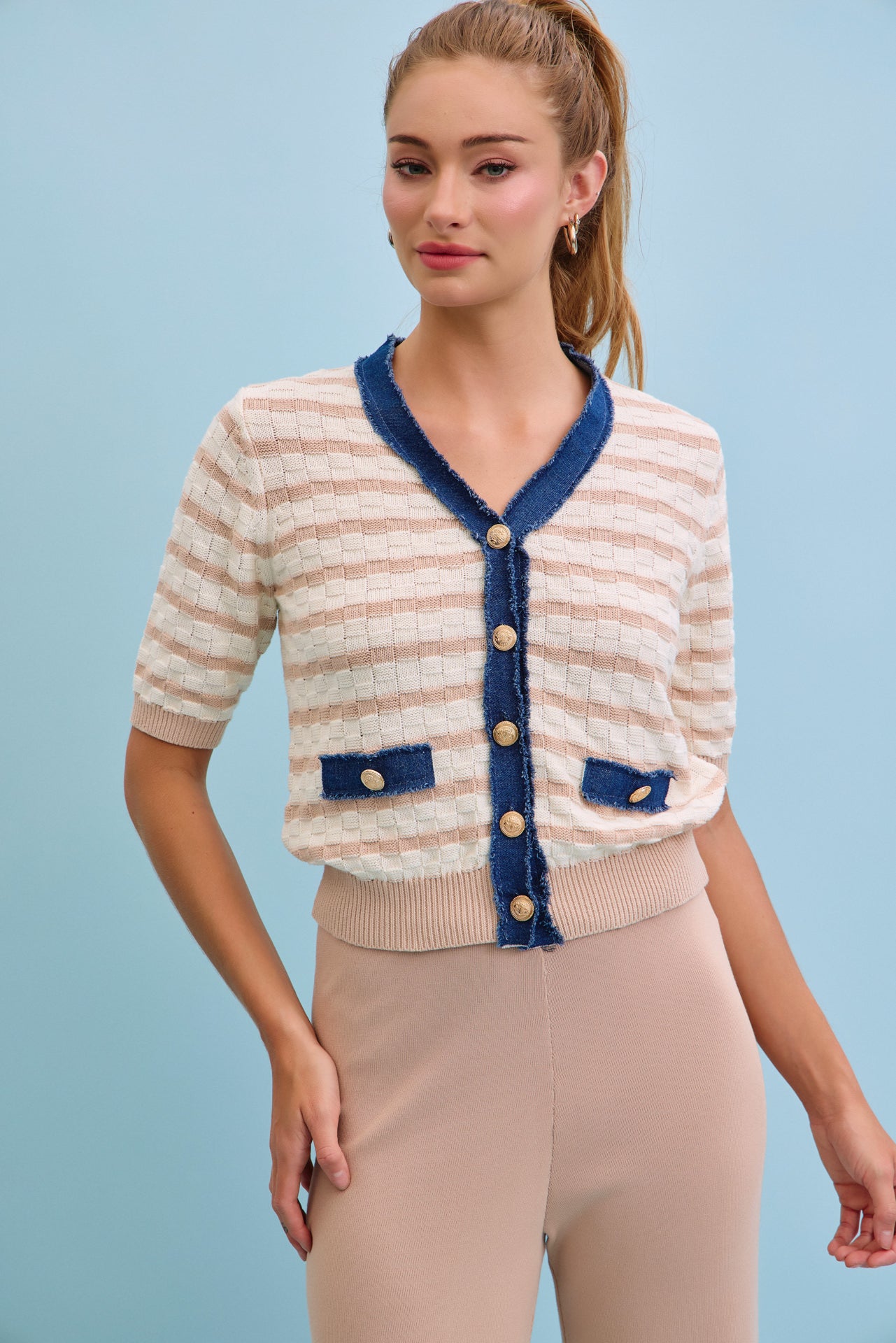 Denim Charm Striped Cardigan With Pants Set