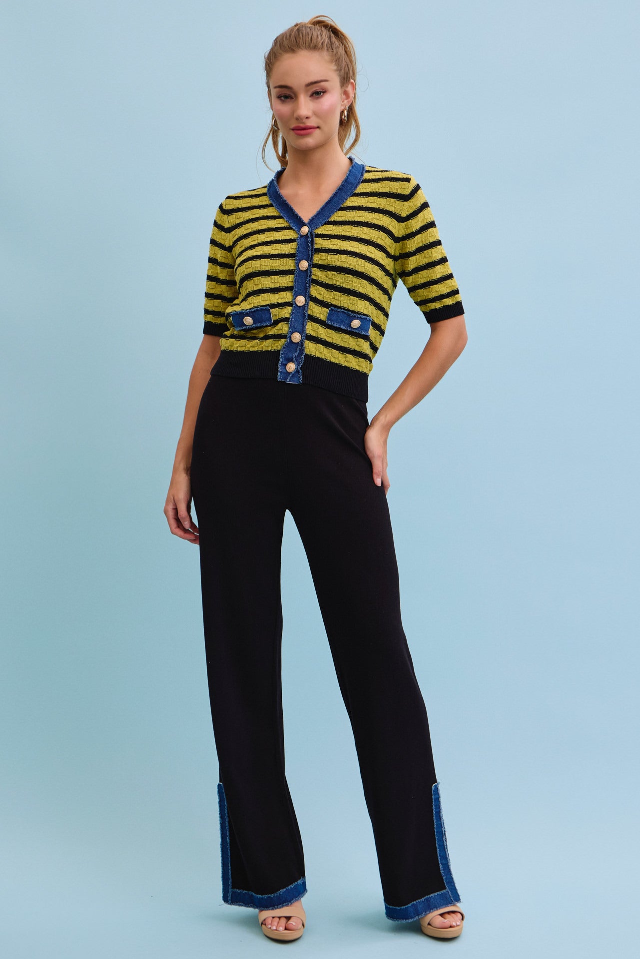 Denim Charm Striped Cardigan With Pants Set