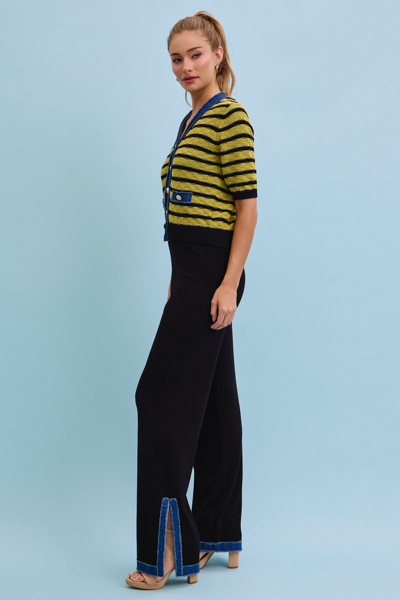Denim Charm Striped Cardigan With Pants Set
