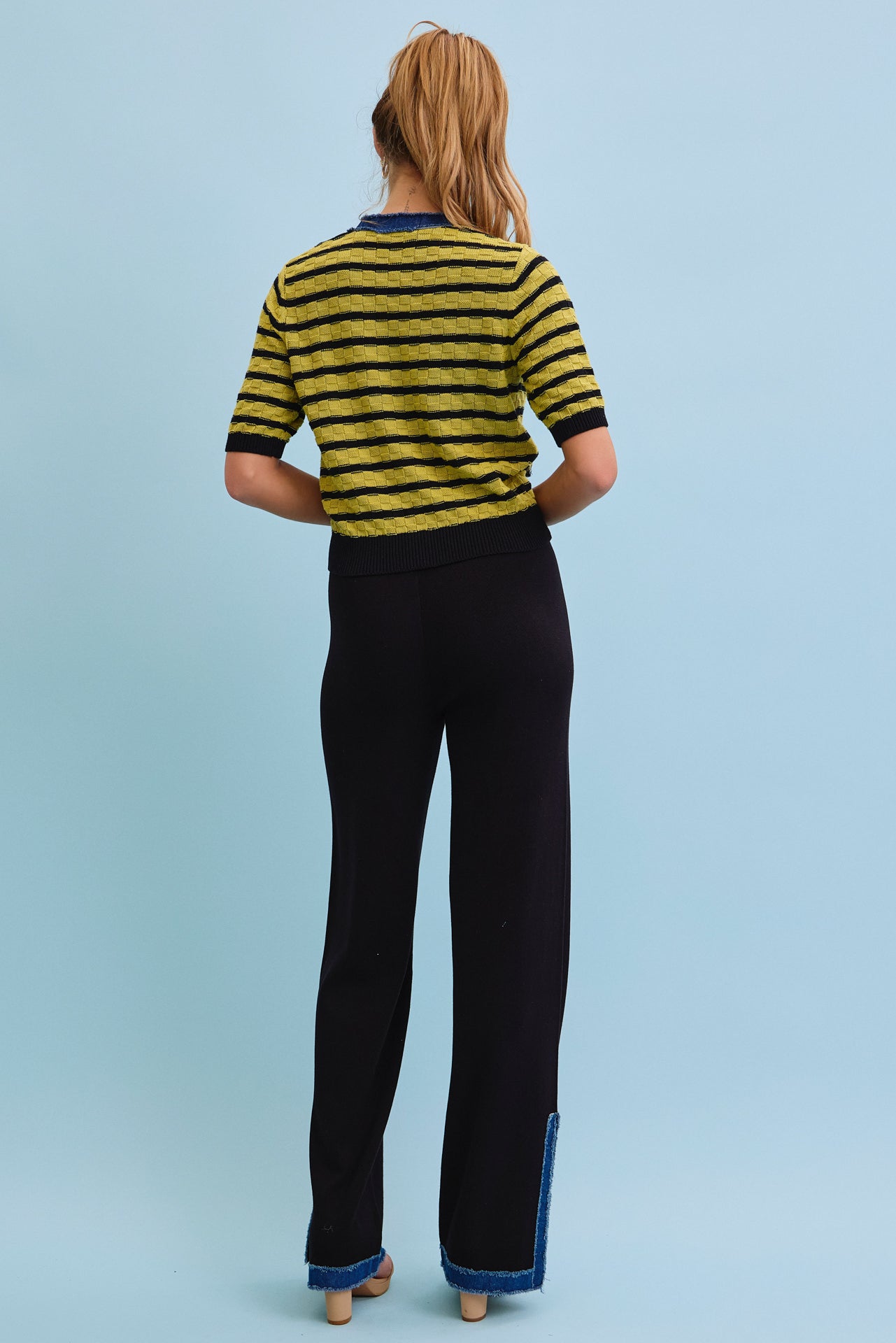 Denim Charm Striped Cardigan With Pants Set