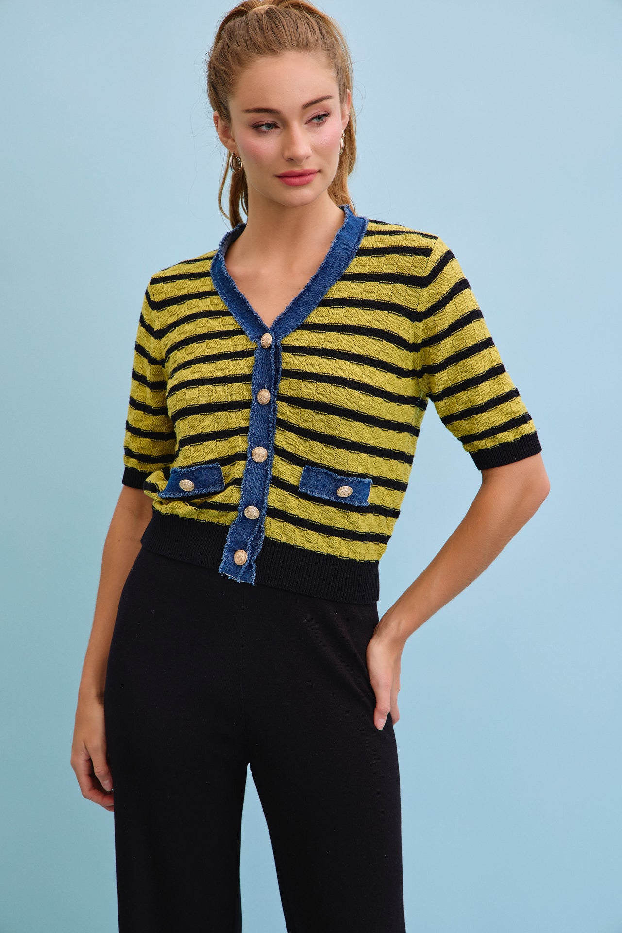 Denim Charm Striped Cardigan With Pants Set