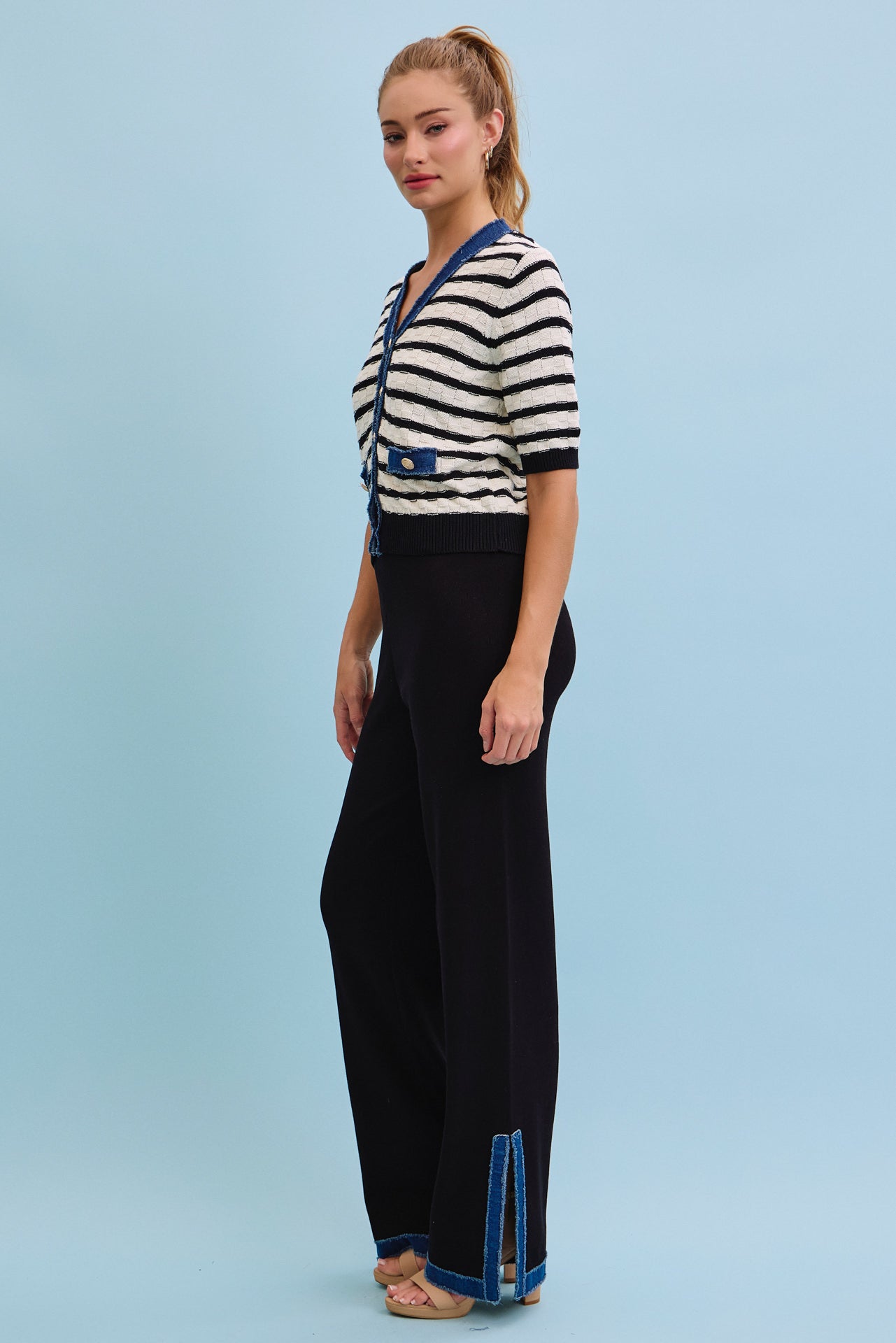 Denim Charm Striped Cardigan With Pants Set