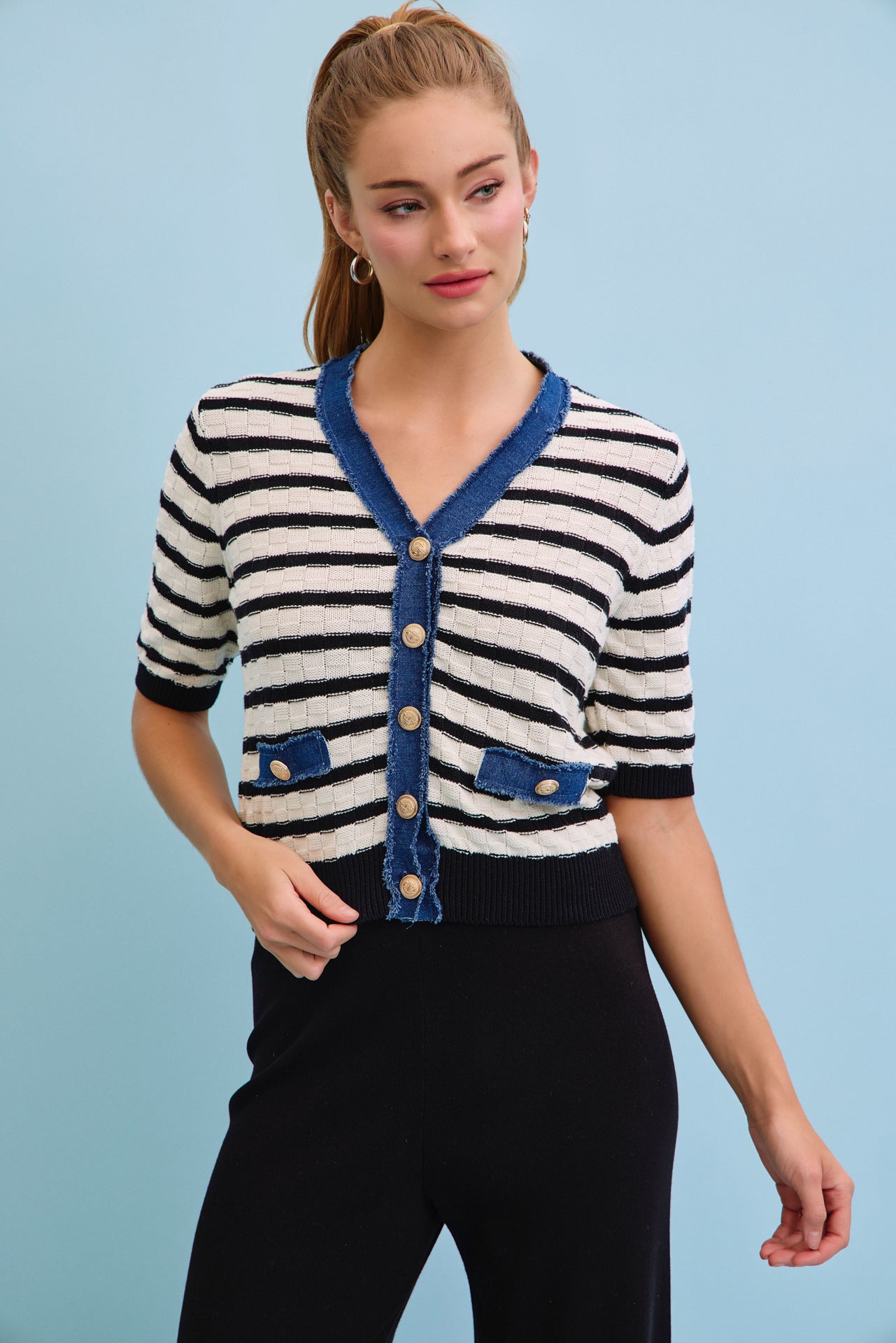 Denim Charm Striped Cardigan With Pants Set
