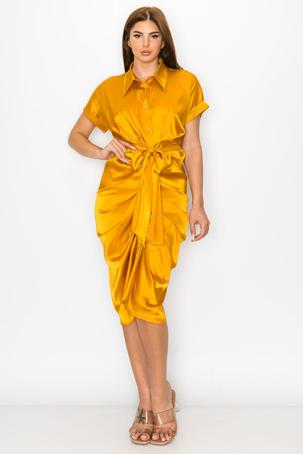 Woven Print Midi Dress With Waist Tie Detail