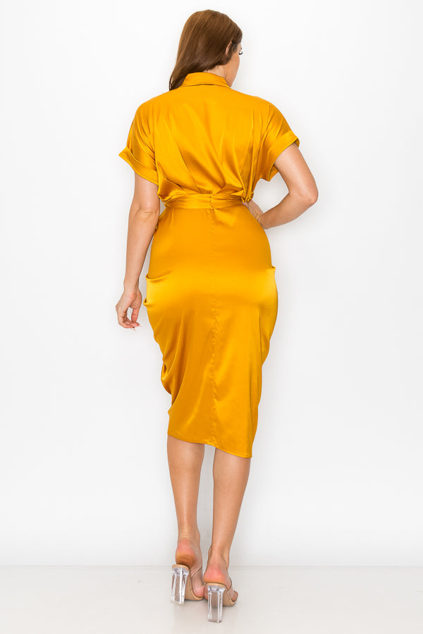 Woven Print Midi Dress With Waist Tie Detail