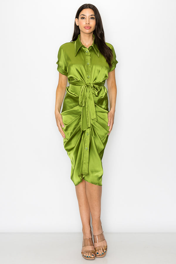 Woven Print Midi Dress With Waist Tie Detail