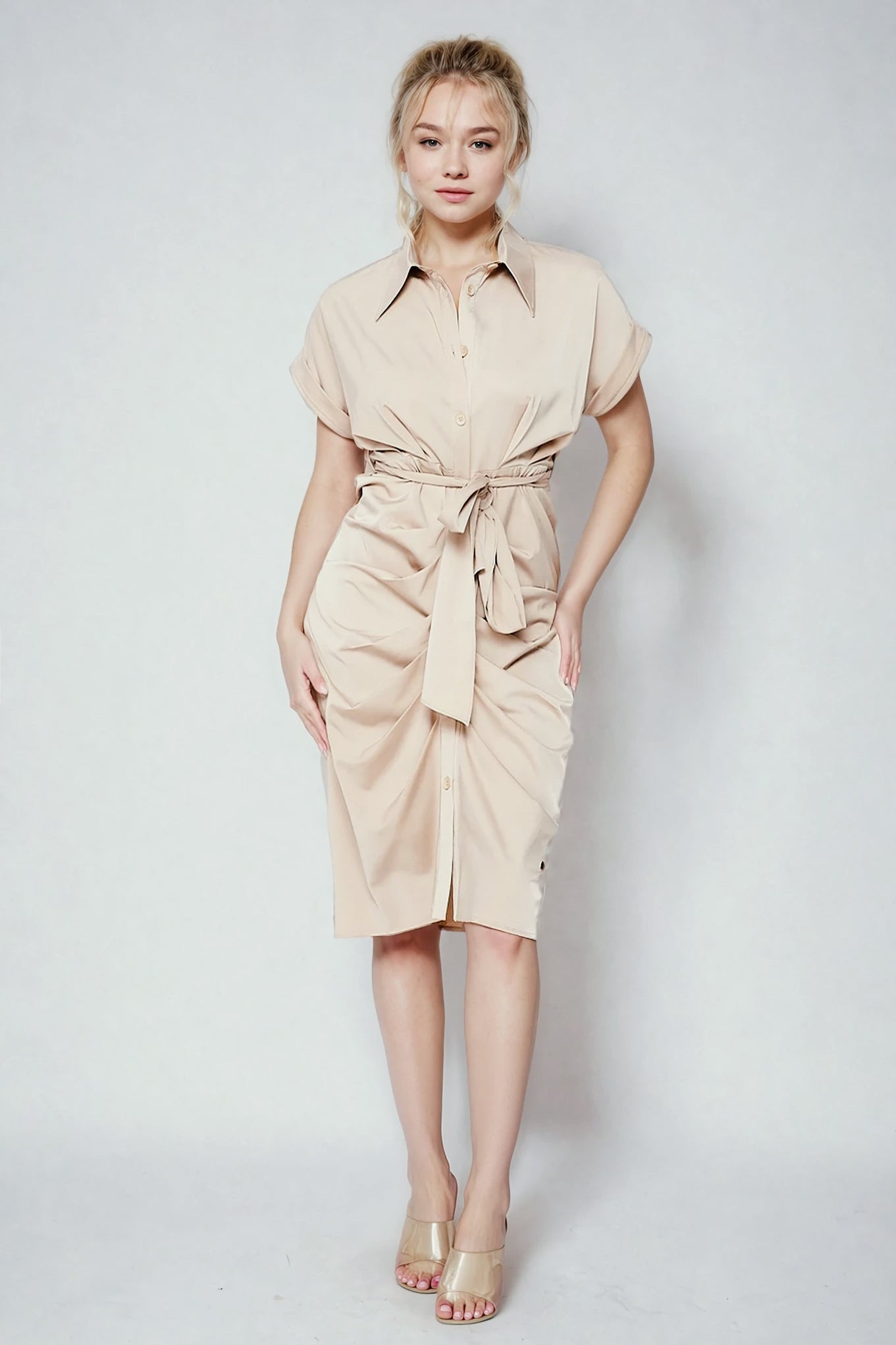 Woven Print Midi Dress With Waist Tie Detail