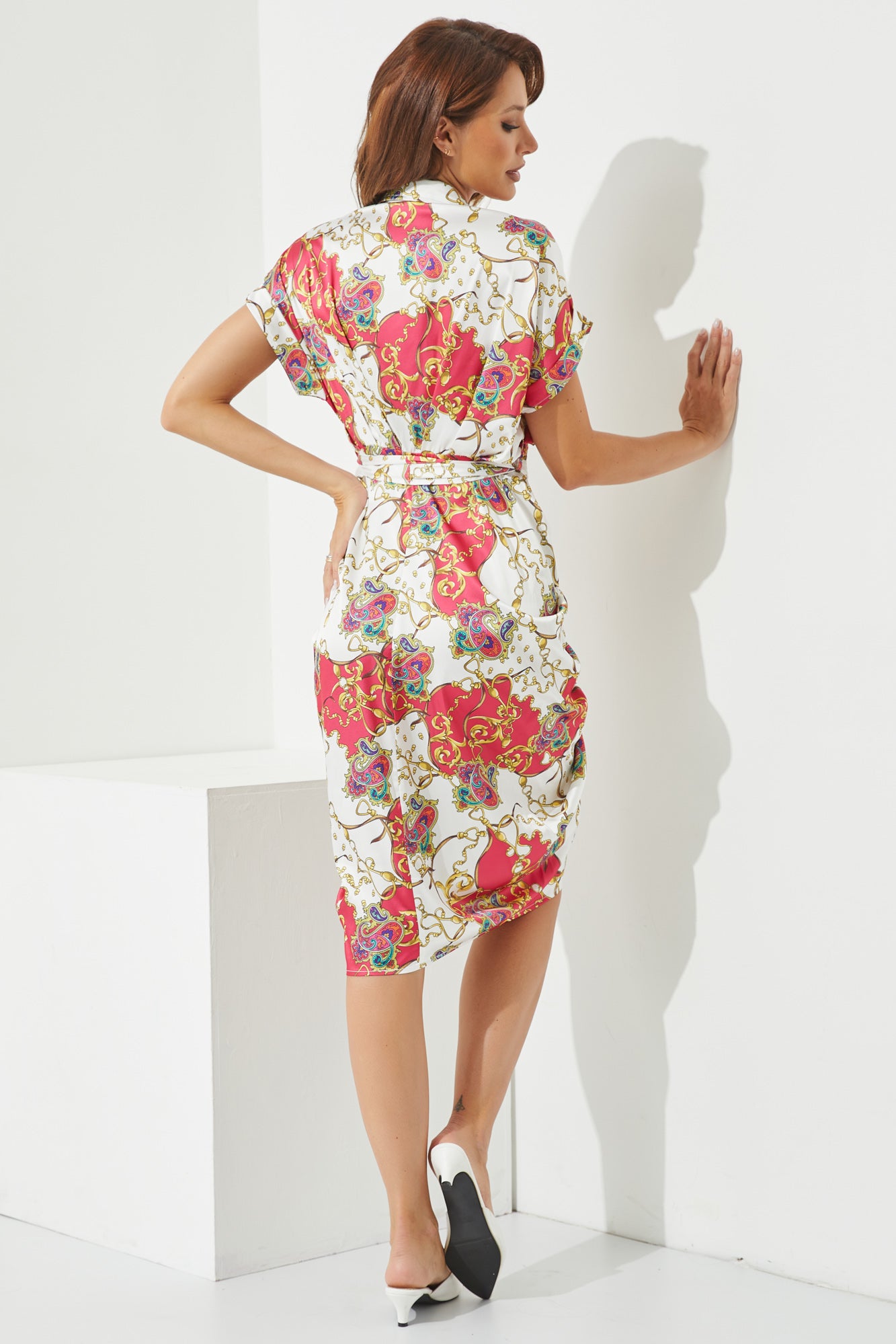 Woven Print Midi Dress With Waist Tie Detail