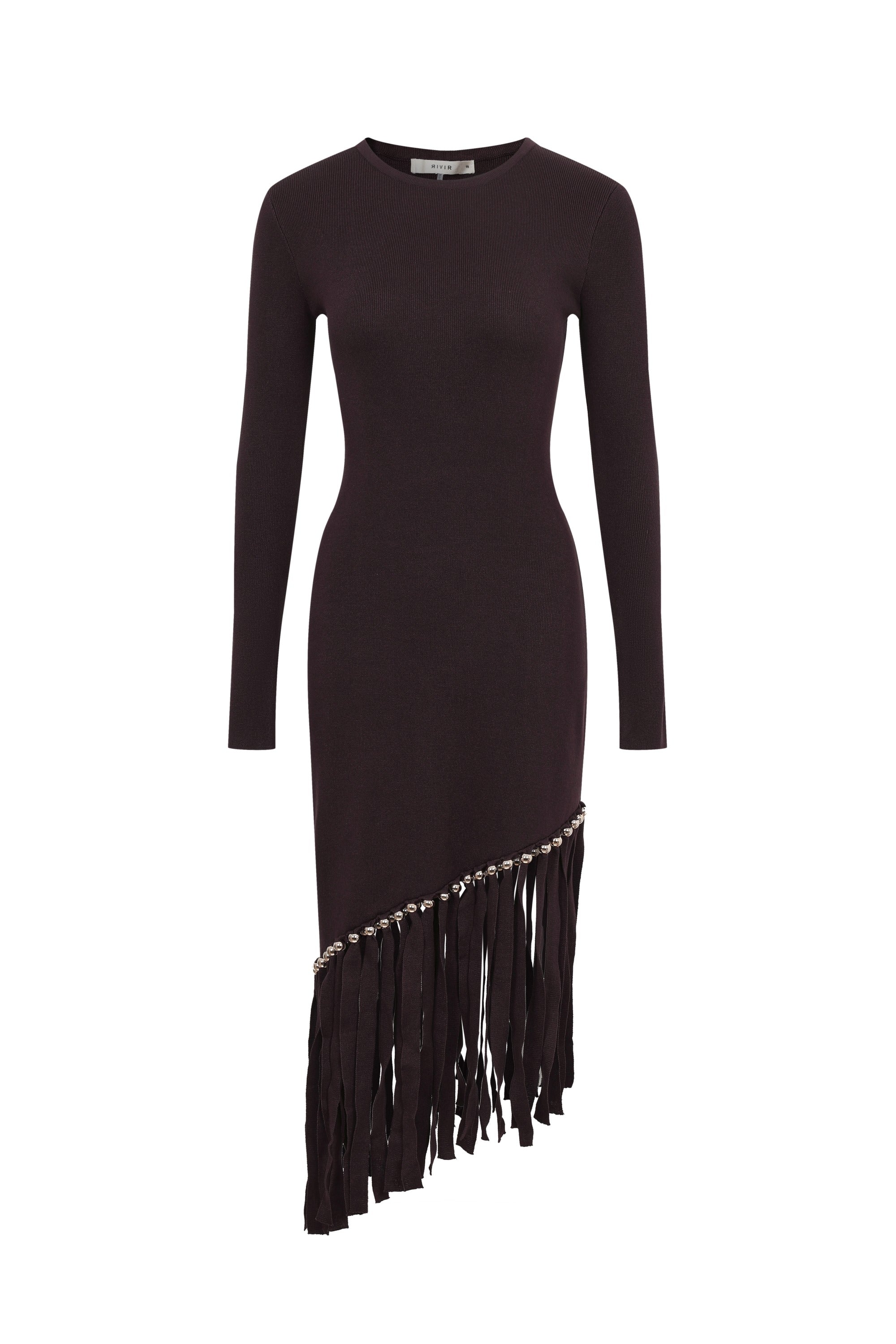 Beaded Fringe Knit Long Sleeve Midi Dress