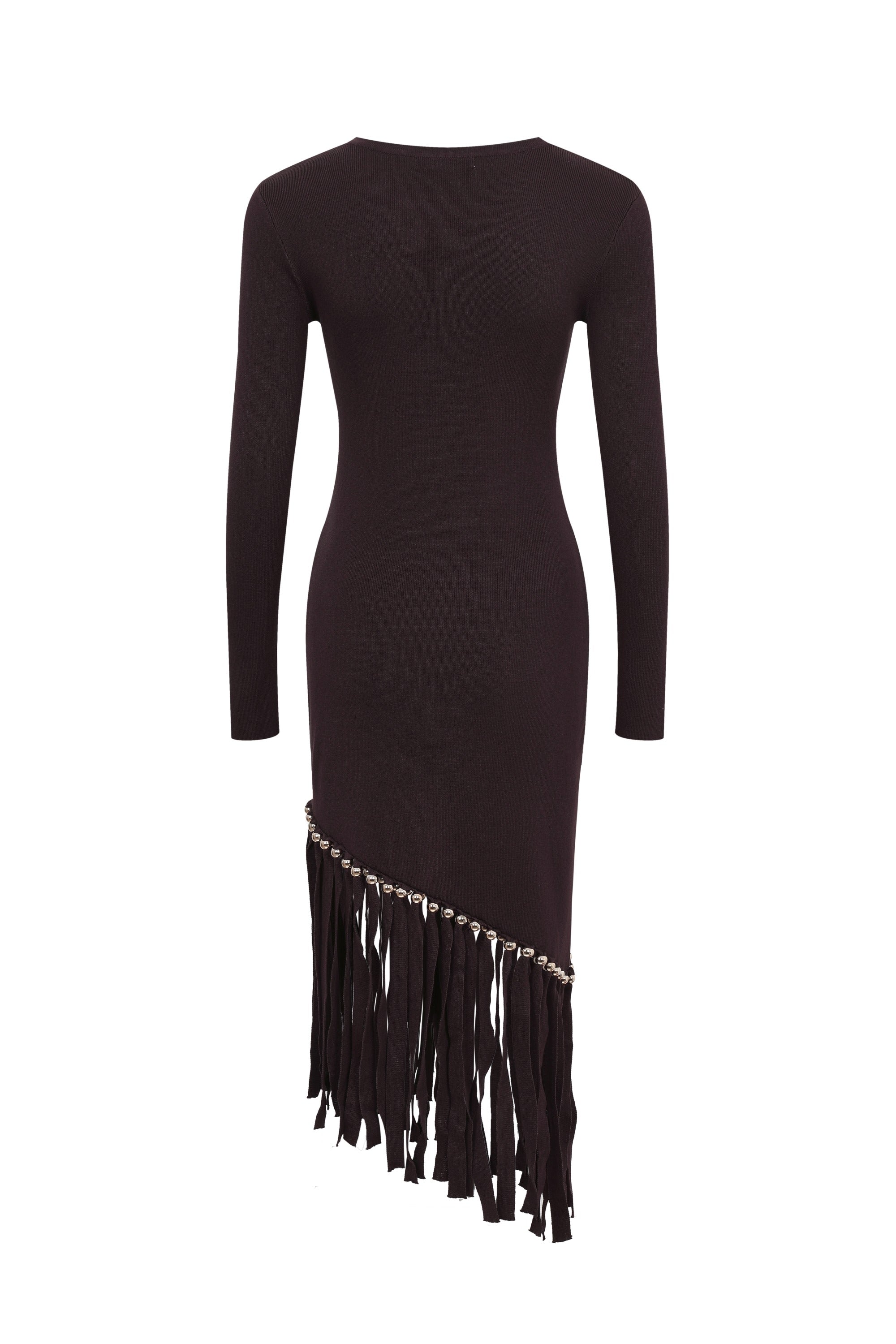 Beaded Fringe Knit Long Sleeve Midi Dress