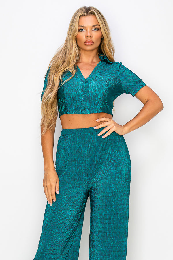 Short Sleeve Button Down Top with Pants Set