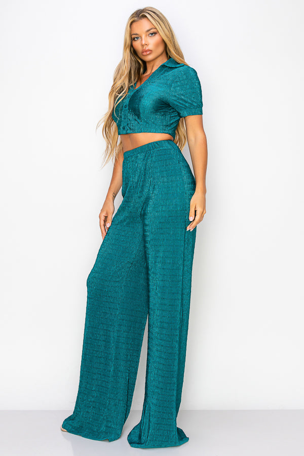 Short Sleeve Button Down Top with Pants Set