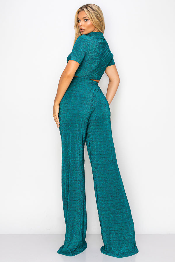 Short Sleeve Button Down Top with Pants Set