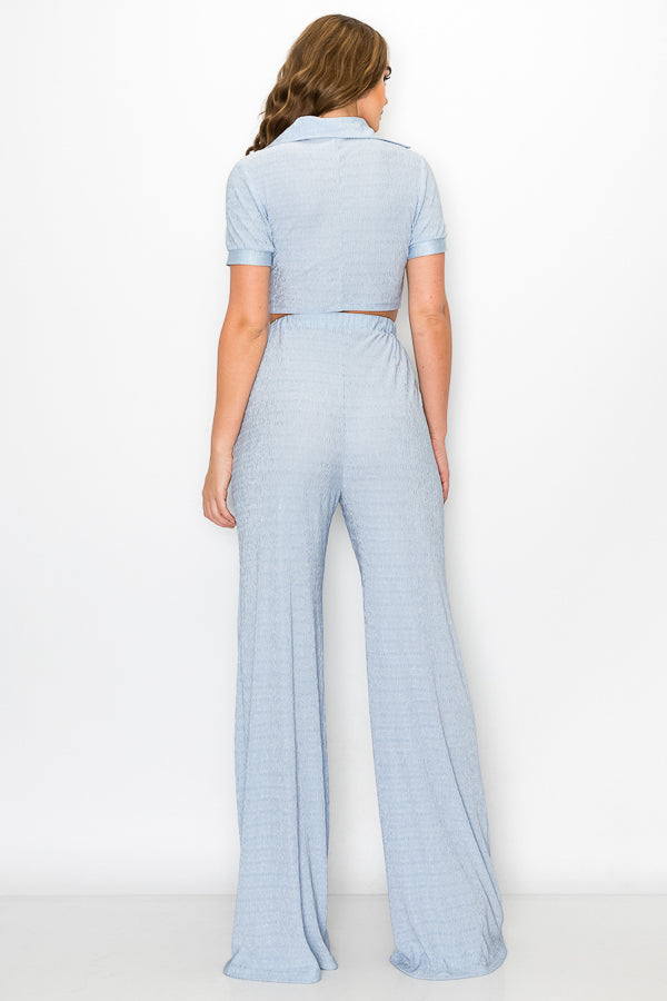 Short Sleeve Button Down Top with Pants Set