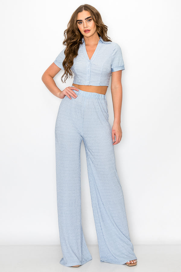 Short Sleeve Button Down Top with Pants Set
