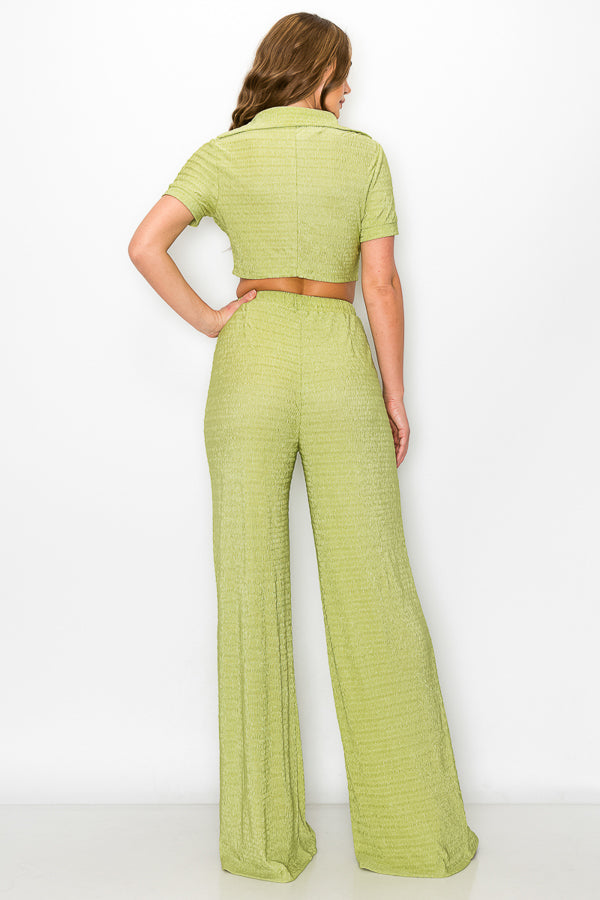 Short Sleeve Button Down Top with Pants Set