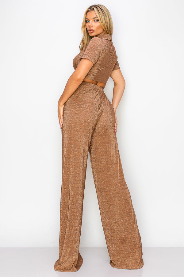 Short Sleeve Button Down Top with Pants Set