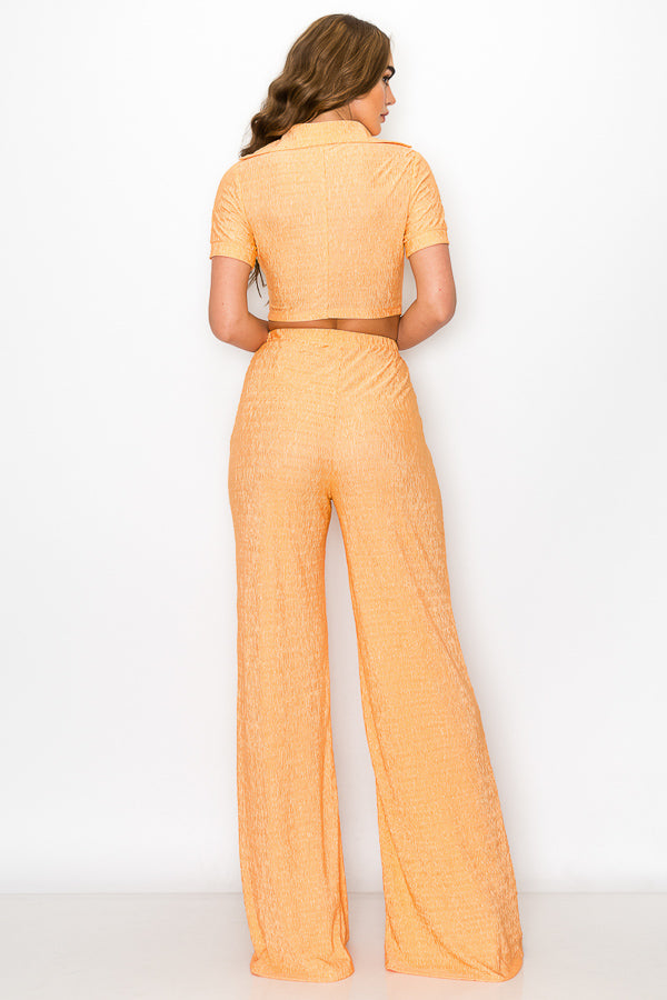 Short Sleeve Button Down Top with Pants Set